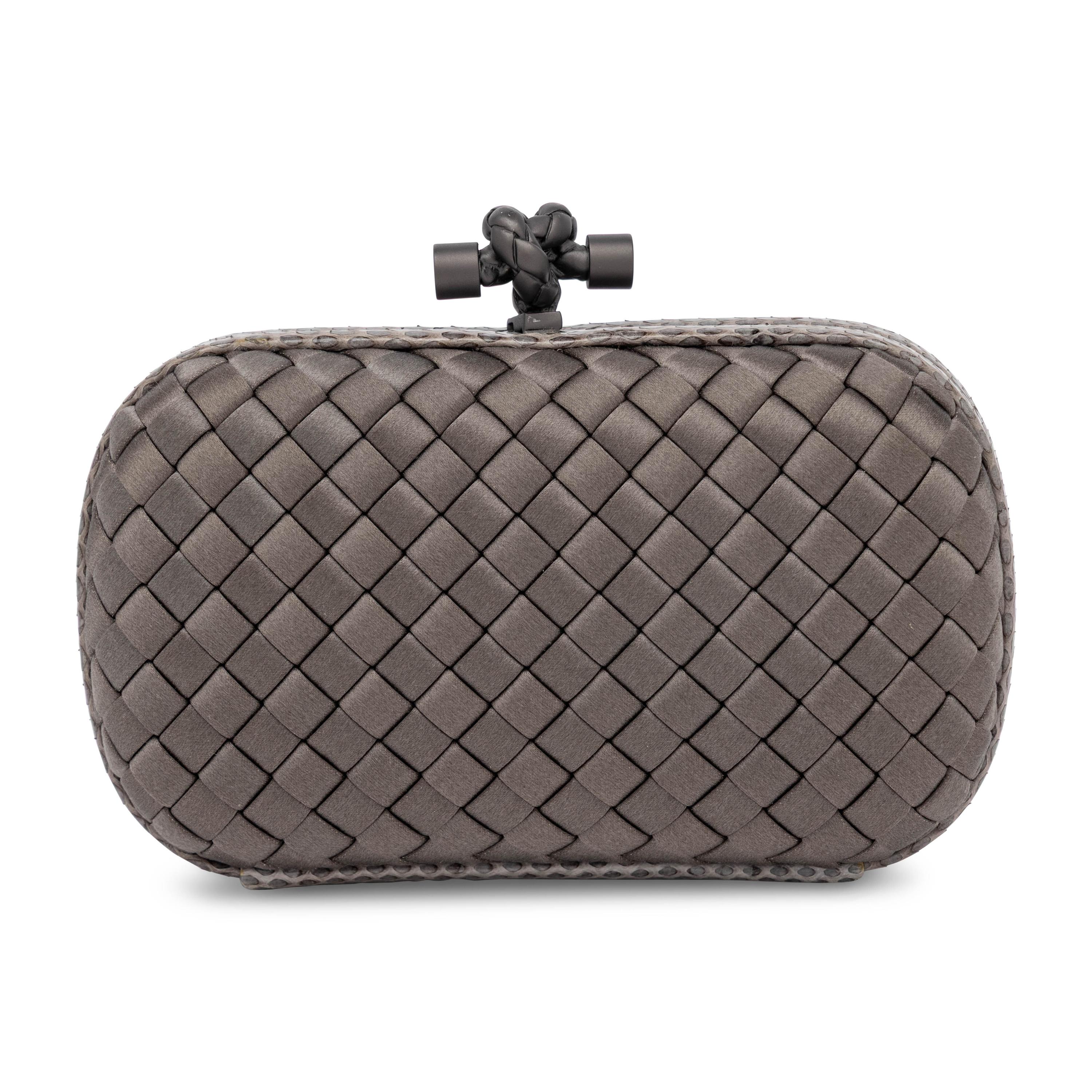 Bottega Veneta, Knot Clutch in Intrecciato Grey Satin & Snakeskin