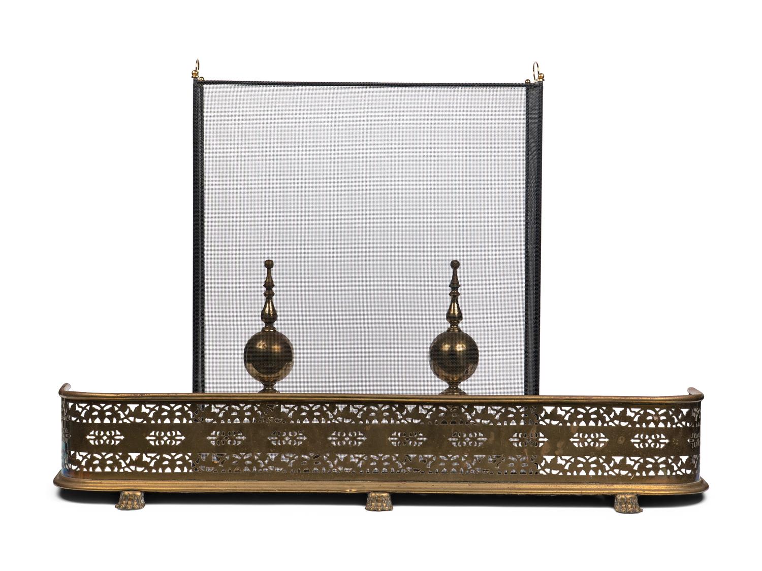 An English Brass Fireplace Fender and Pair of Andirons