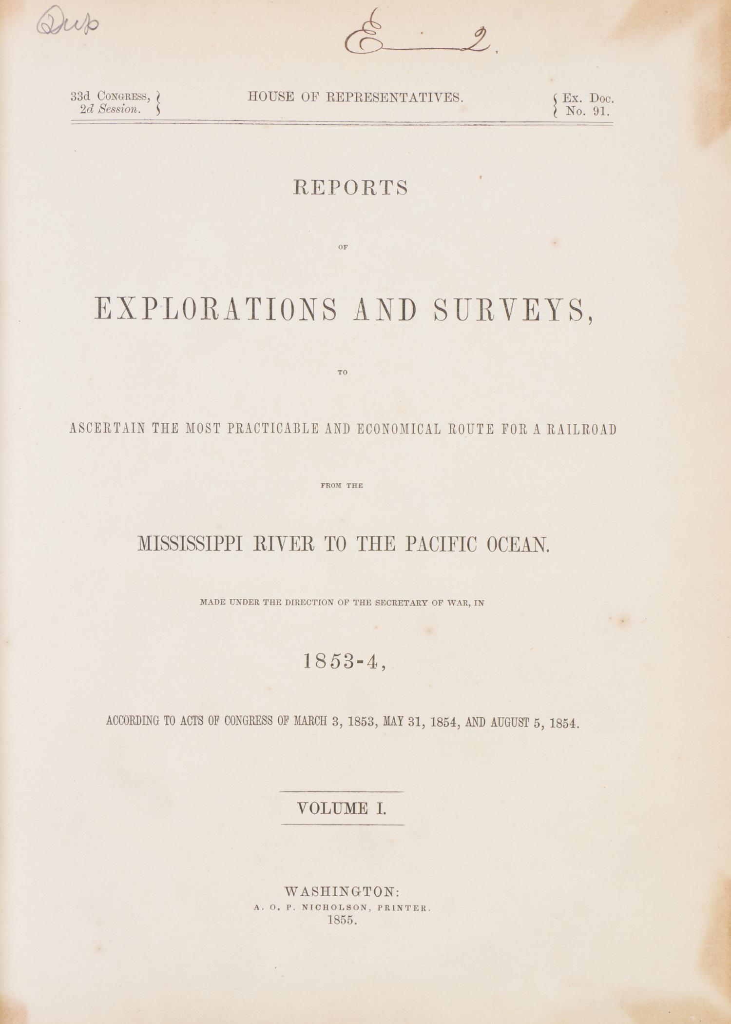 (FILLMORE, MILLARD) Reports of Explorations and Surveys... Washington, 1855. Vol. 1 only. Signed by Fillmore, with CDV laid in.