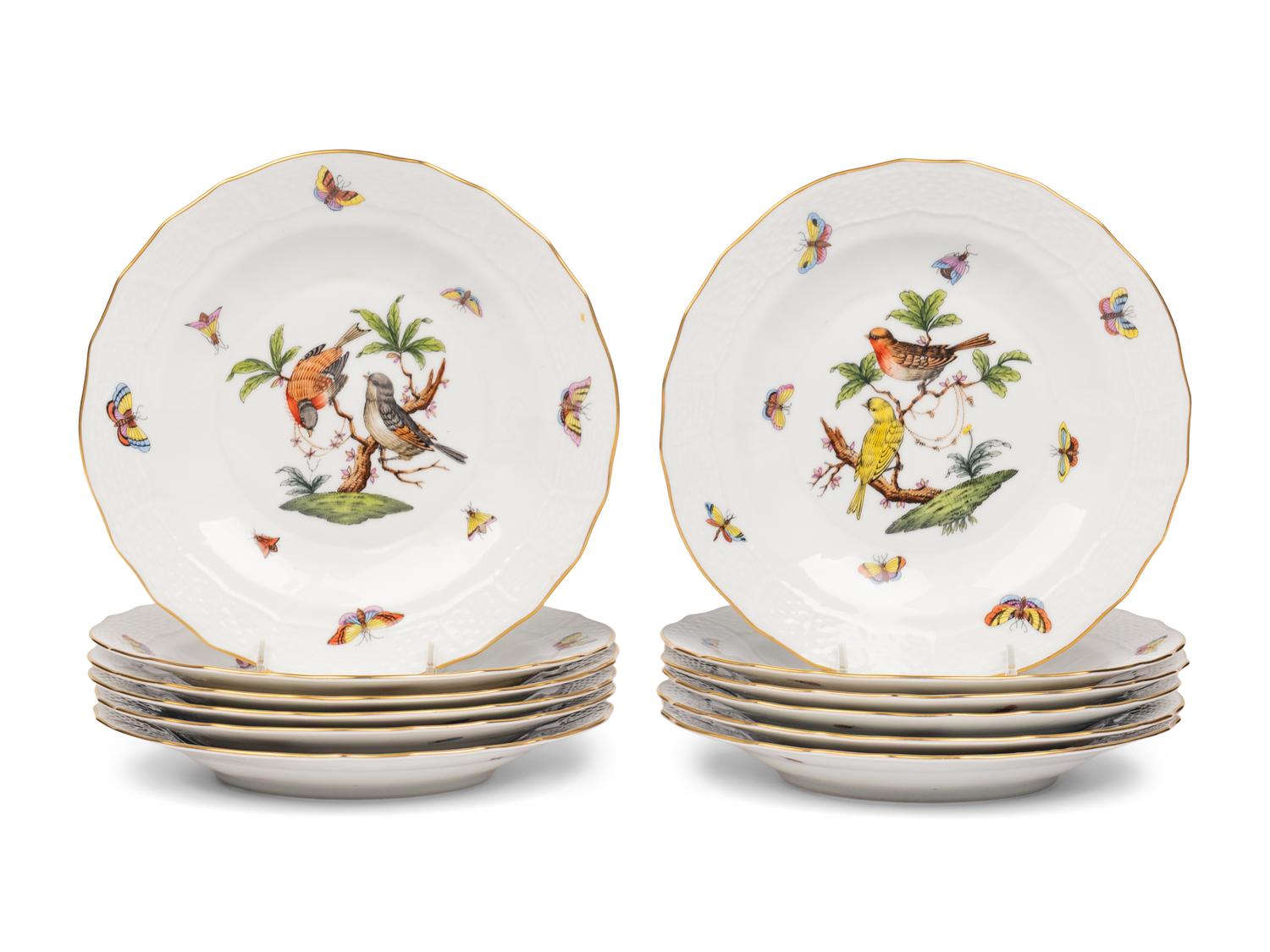 A Set of Twelve Herend Rothschild Bird Porcelain Dessert Plates