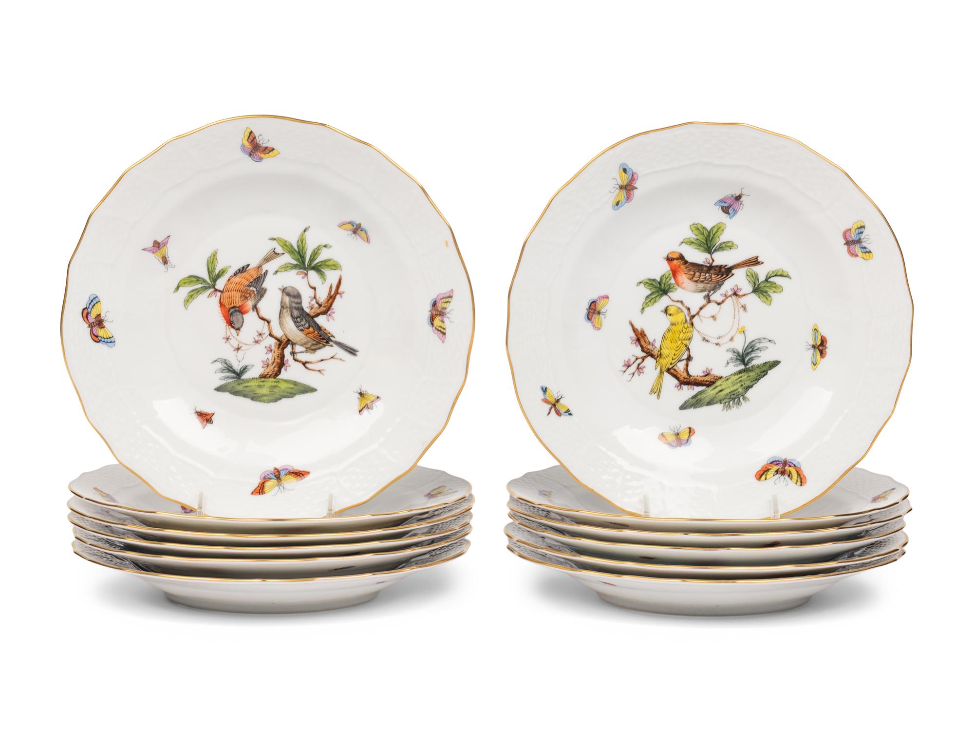 A Set of Twelve Herend Rothschild Bird Porcelain Dessert Plates