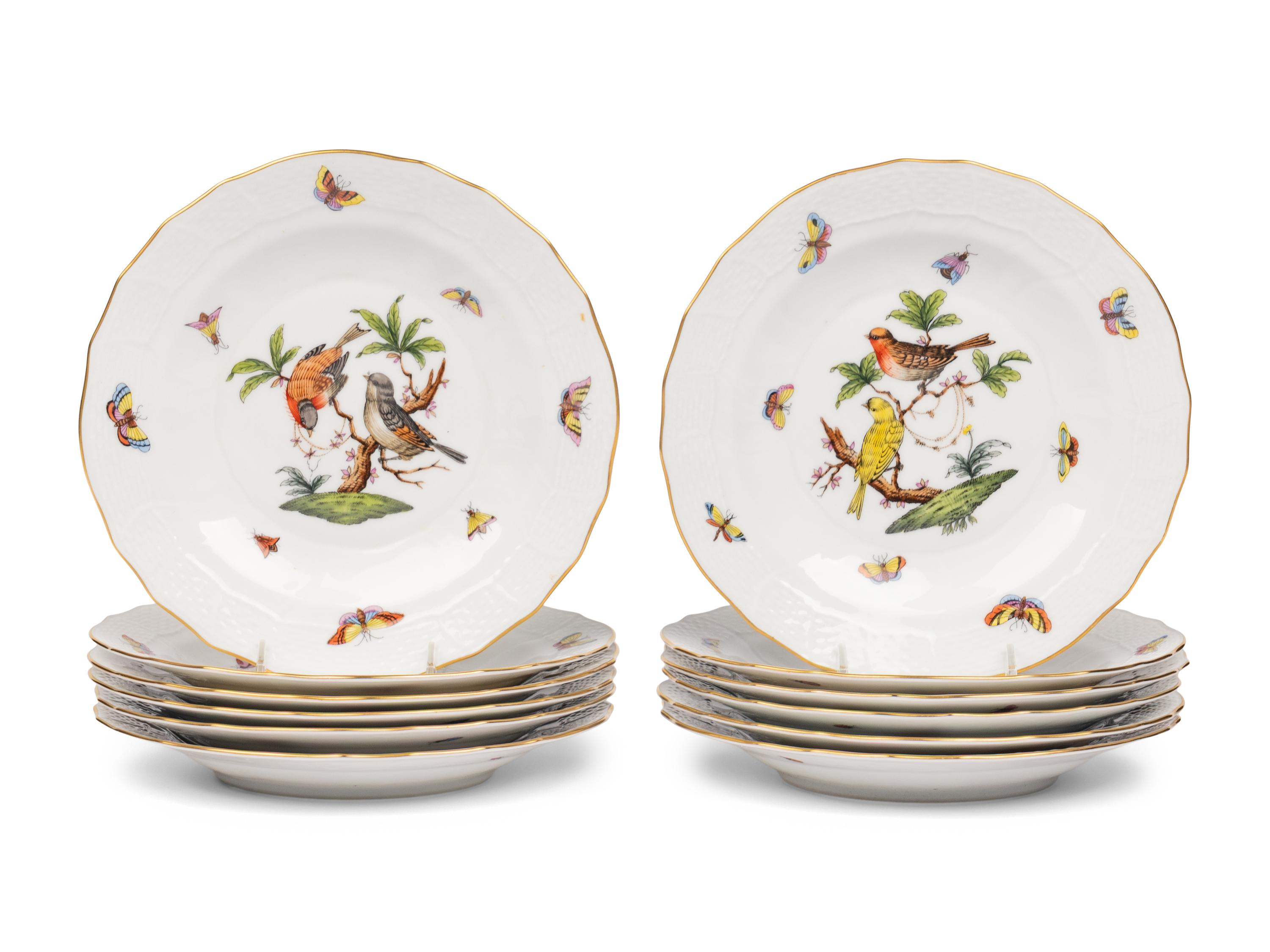 A Set of Twelve Herend Rothschild Bird Porcelain Dessert Plates