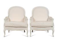 A Pair of Louis XV Style White-Painted Bergères