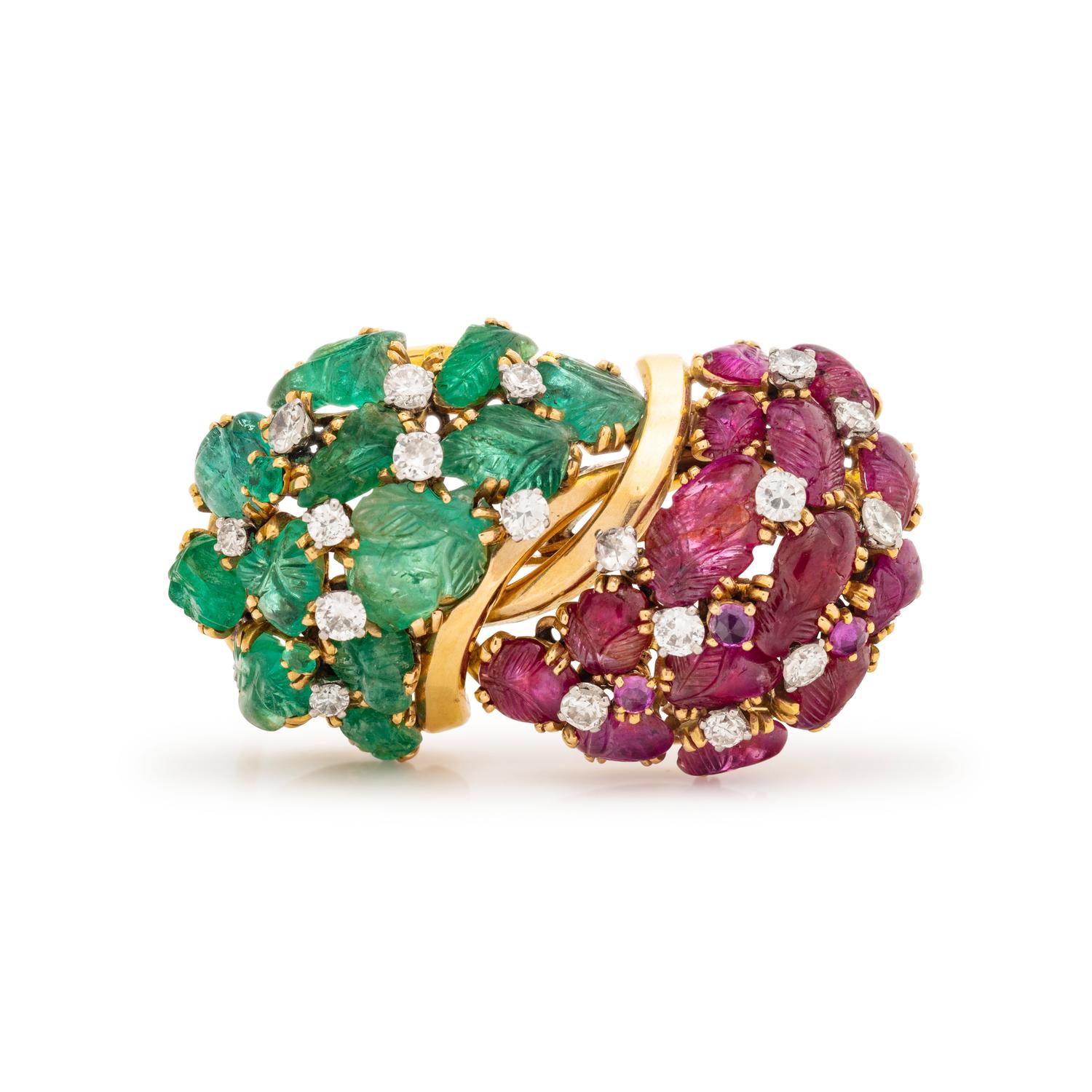 FRENCH, CARVED GEMSTONE AND DIAMOND BROOCH
