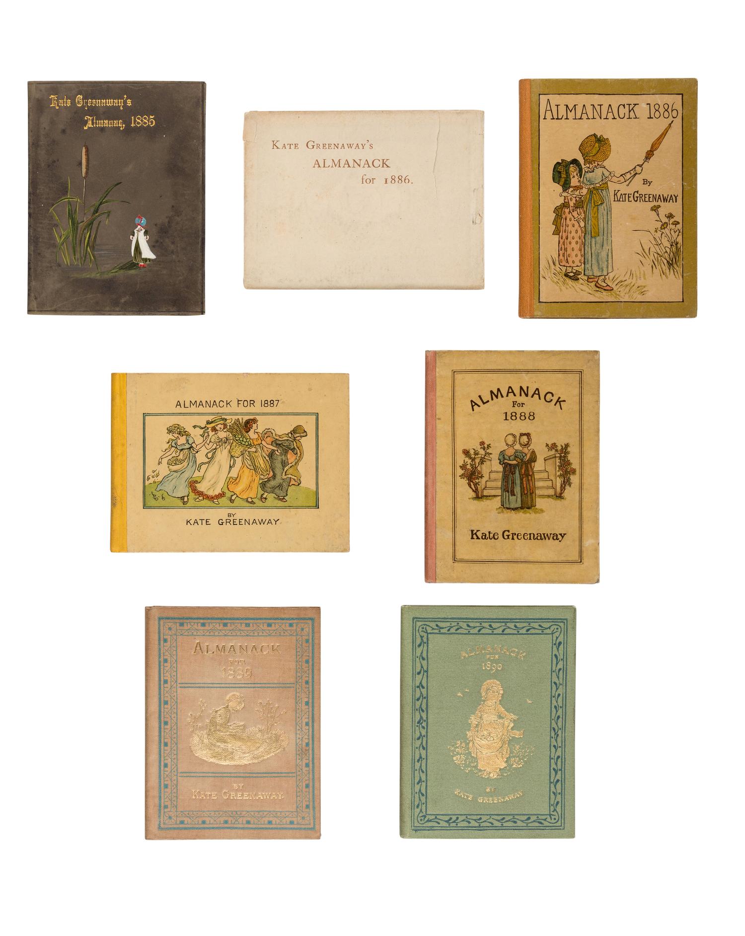 [CHILDREN'S BOOKS]. GREENAWAY, Kate (1846-1901). Almanack for 1883 [ -1895 ]. London: George Routledge & Sons, 1883[-1895]. -- Almanack & Diary for 1897 . London: J.M. Dent & Co., [1896].
