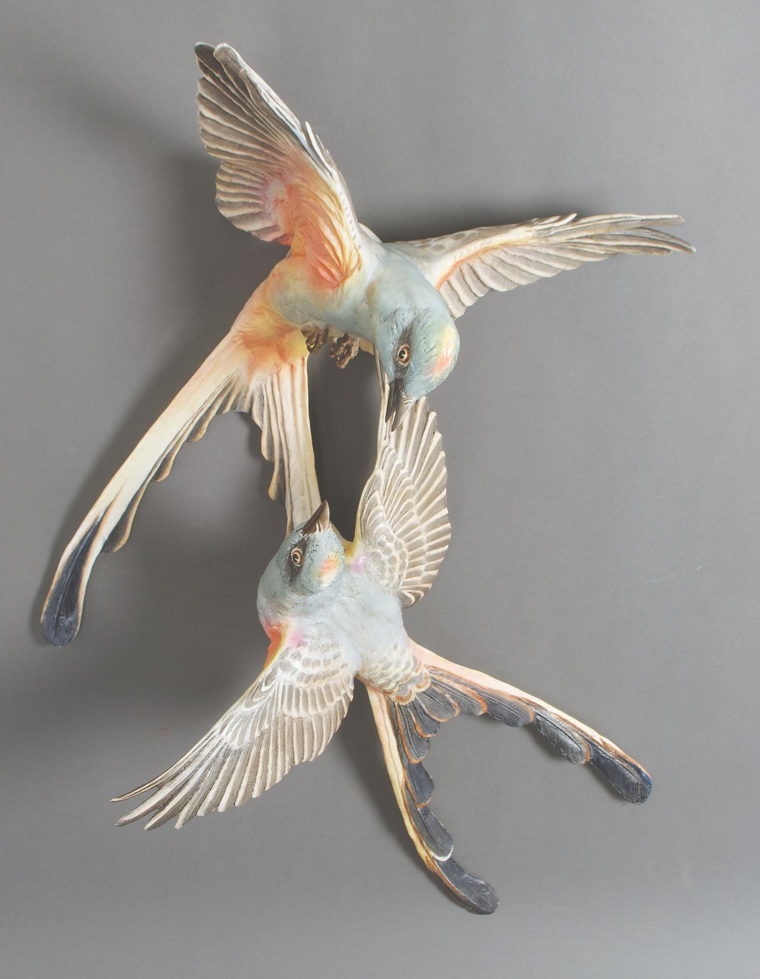 A Royal Worcester Dorothy Doughty Figural Group, Scissor-Tailed Flycatchers. Height 6 1/2 inches.