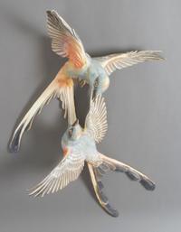 A Royal Worcester Dorothy Doughty Figural Group, Scissor-Tailed Flycatchers. Height 6 1/2 inches.