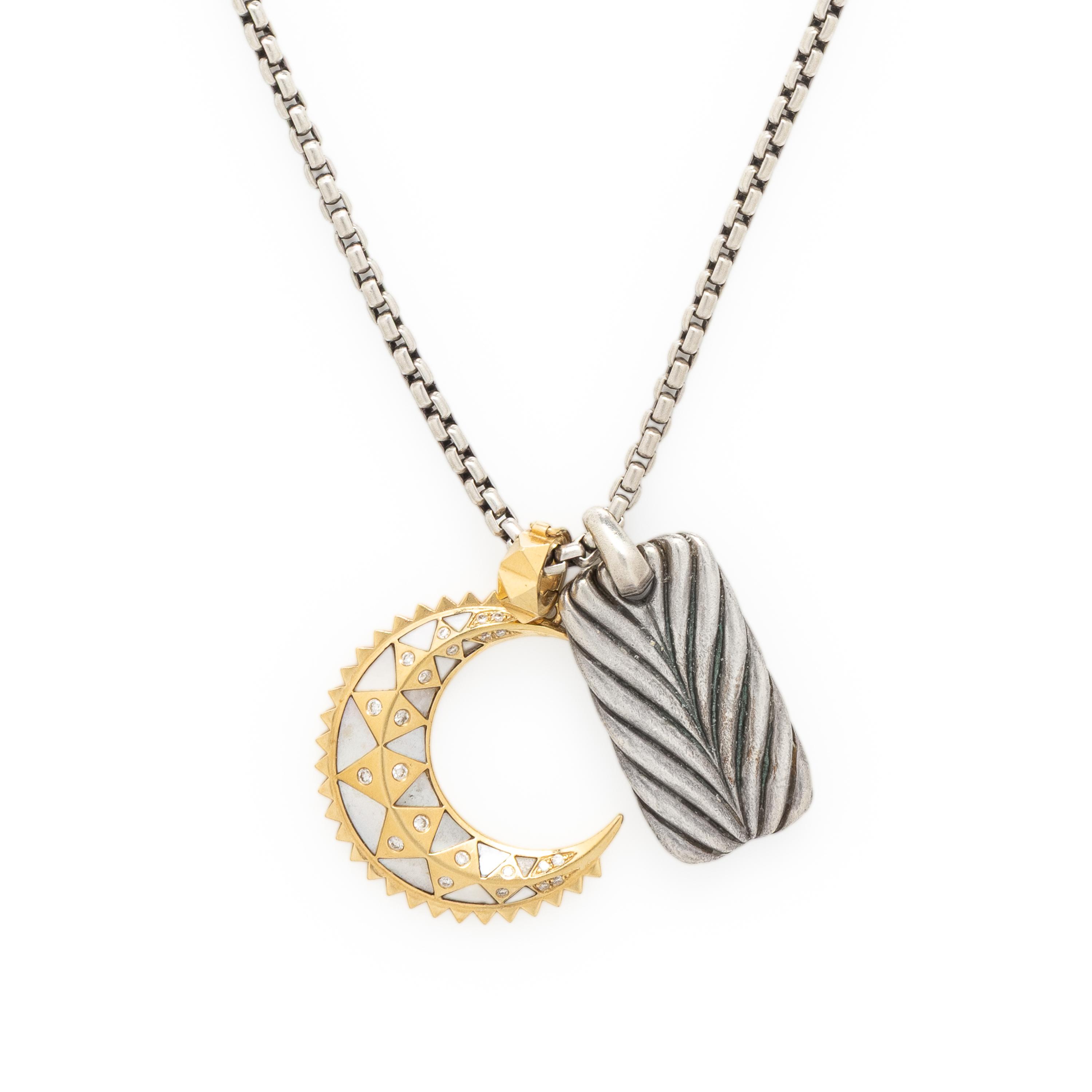 David Yurman, Sterling Silver 'Chevron Tag' Necklace with a Harwell Godfrey Diamond and Yellow Gold Moon Pendant