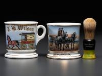 Two Porcelain Occupational Shaving Mugs with Horse-Drawn Wagons