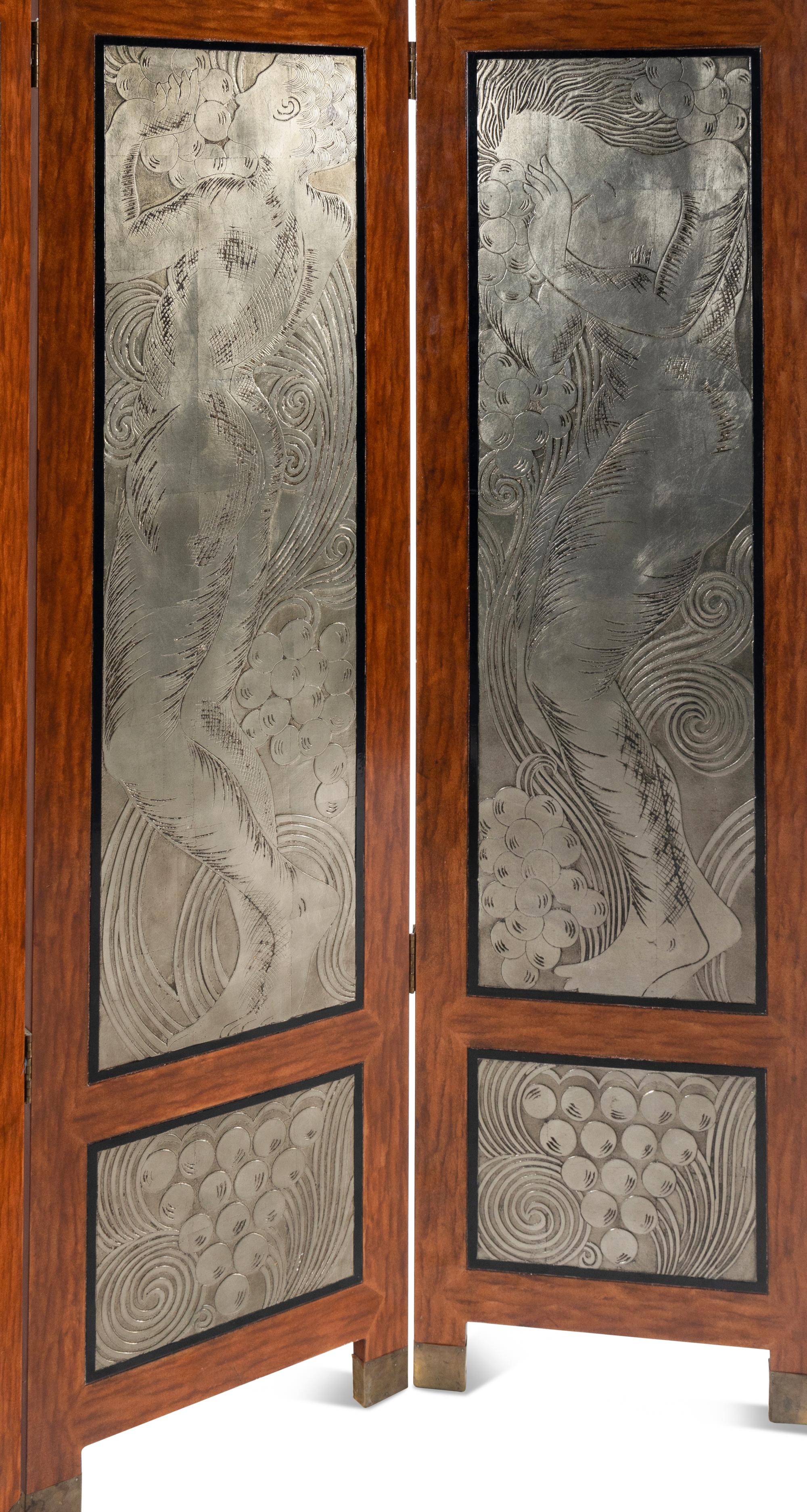 Art Deco Floor Screen panels depicting nude figures after René Lalique's Figurines et Raisins