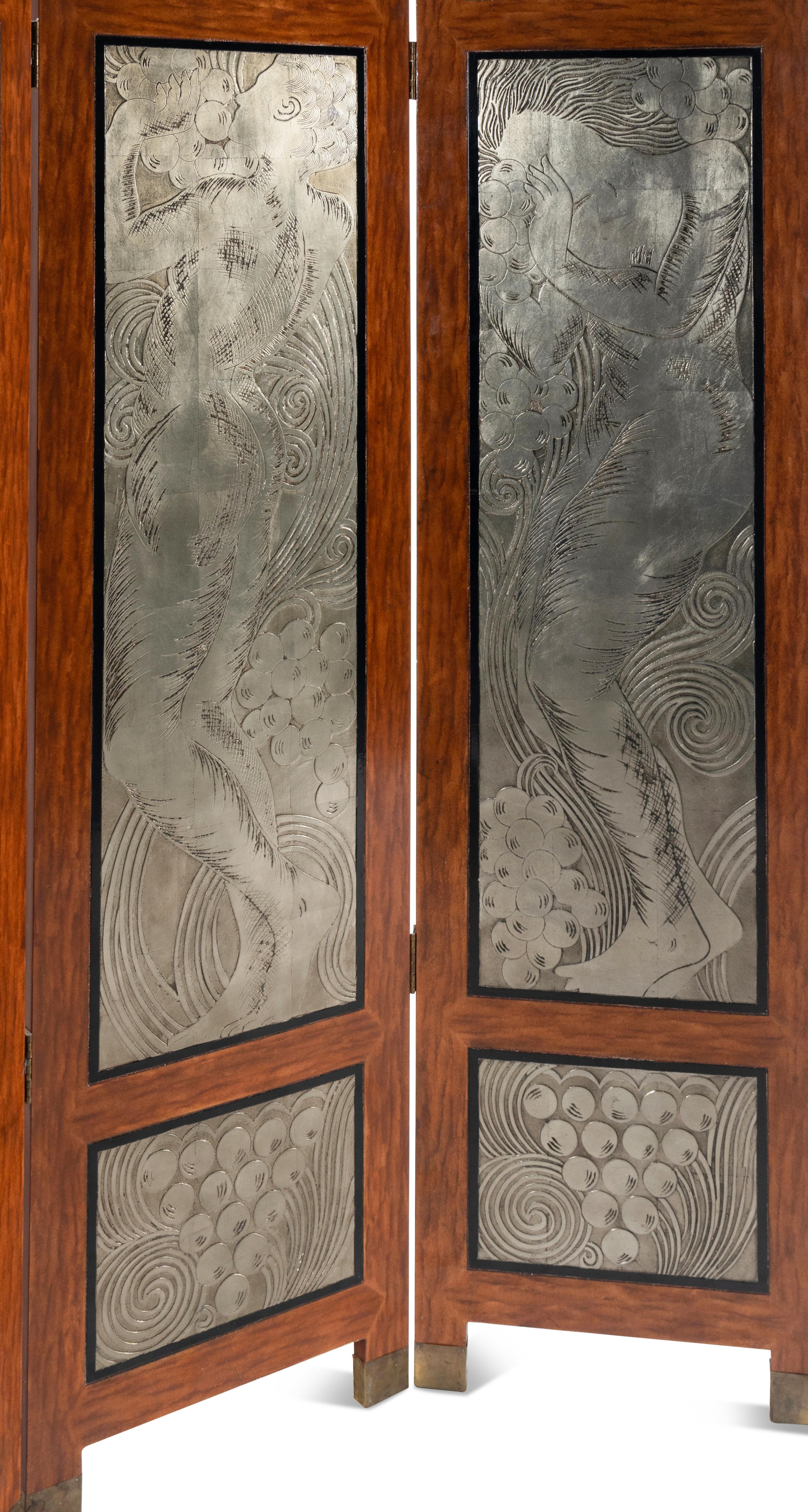 Art Deco Floor Screen panels depicting nude figures after René Lalique's Figurines et Raisins