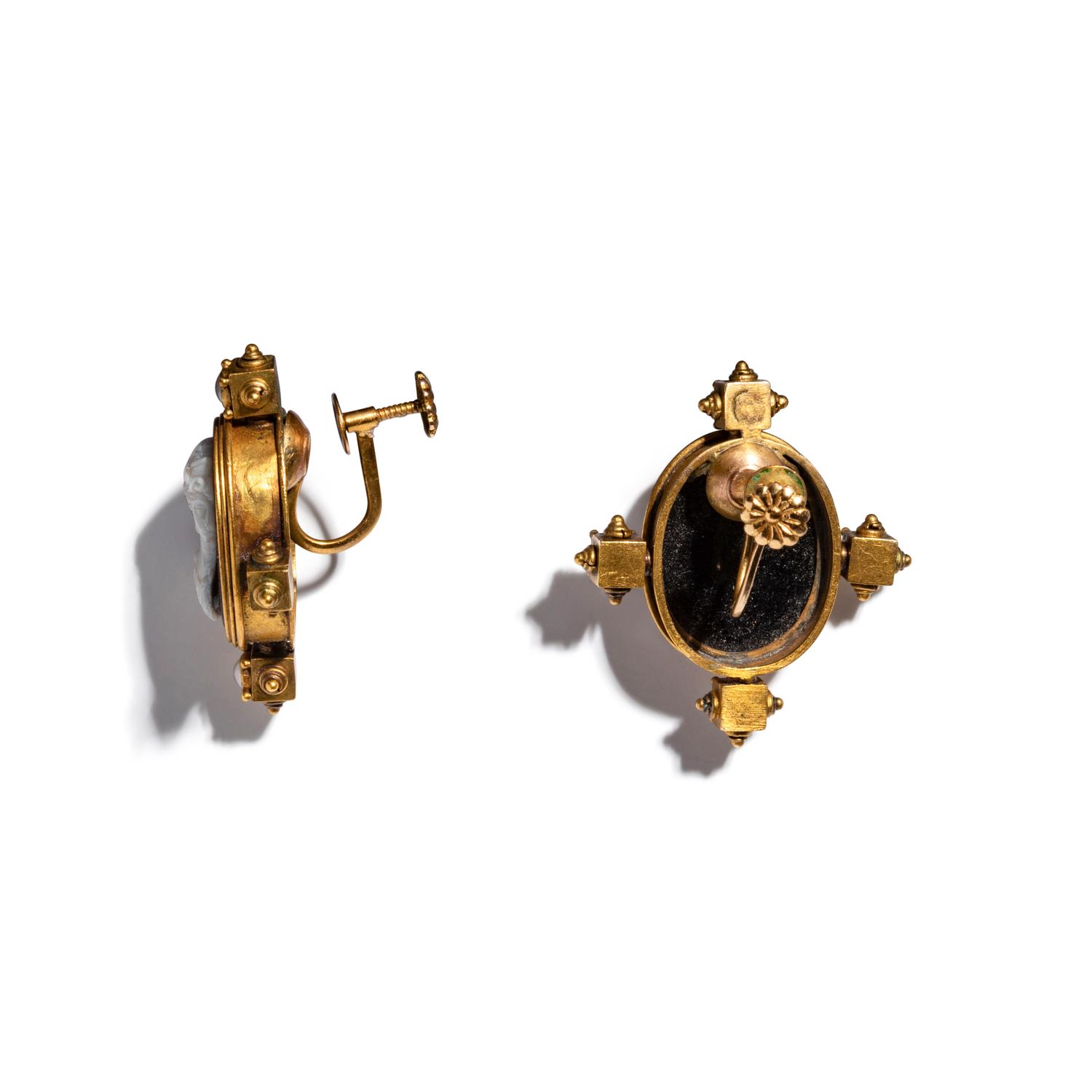 A Pair of Neoclassical Gold, Pearl, and Onyx Cameo Earrings with Two Female Portrait Heads