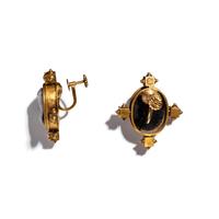 A Pair of Neoclassical Gold, Pearl, and Onyx Cameo Earrings with Two Female Portrait Heads