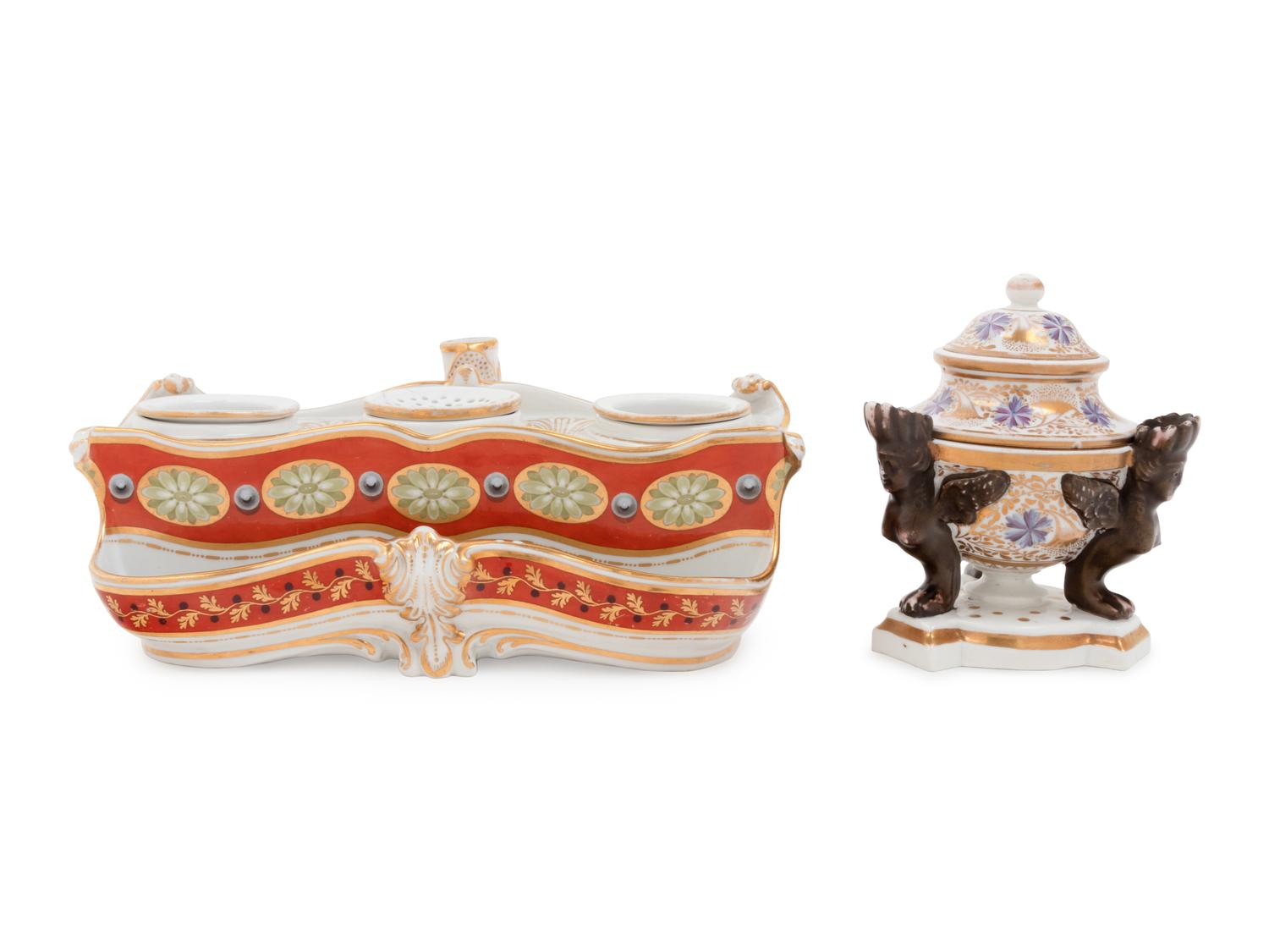 A Flight & Barr Polychrome and Parcel-Gilt Porcelain Standish