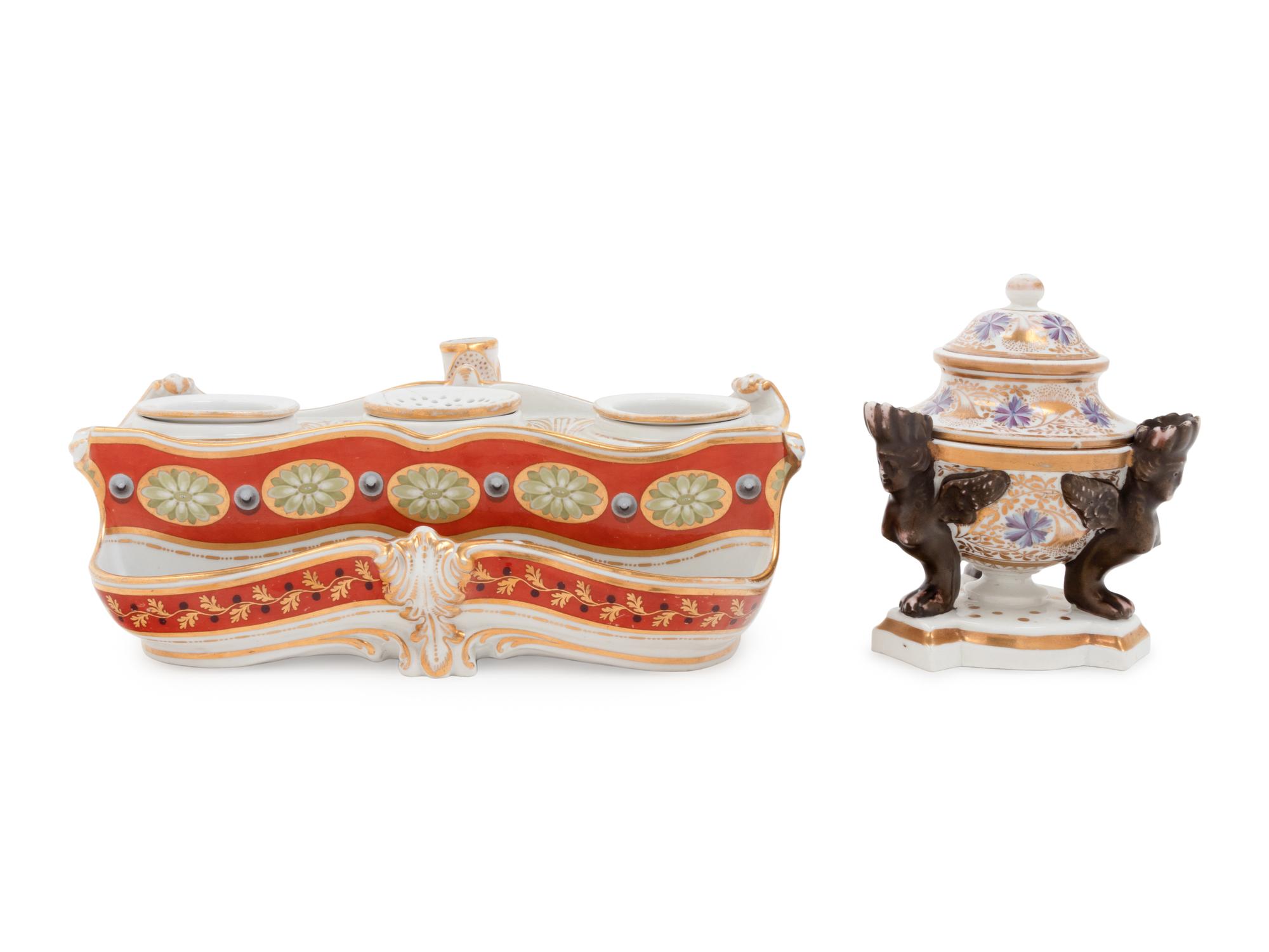 A Flight & Barr Polychrome and Parcel-Gilt Porcelain Standish