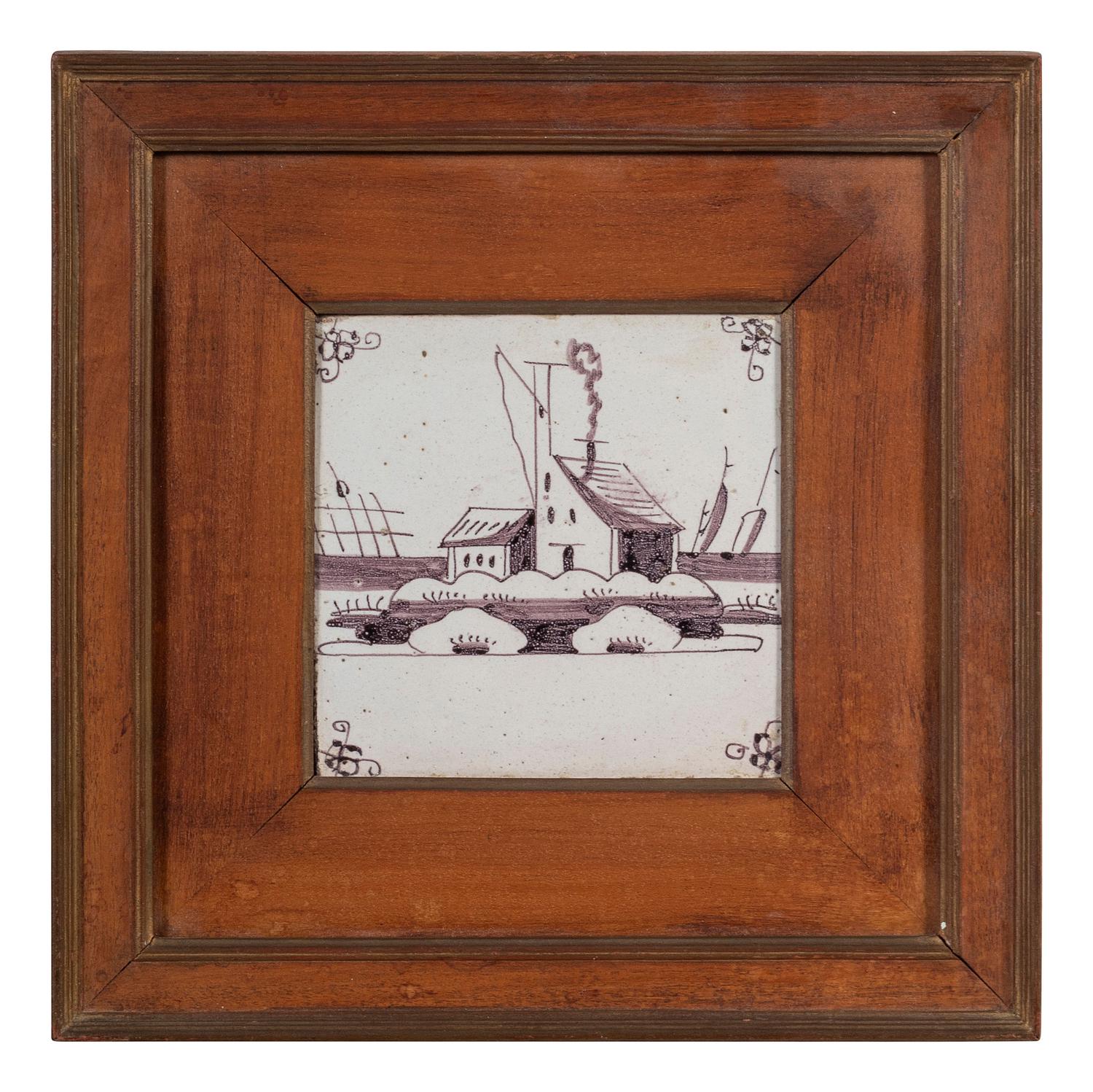 A Set of Five Framed Puce Delft Tiles