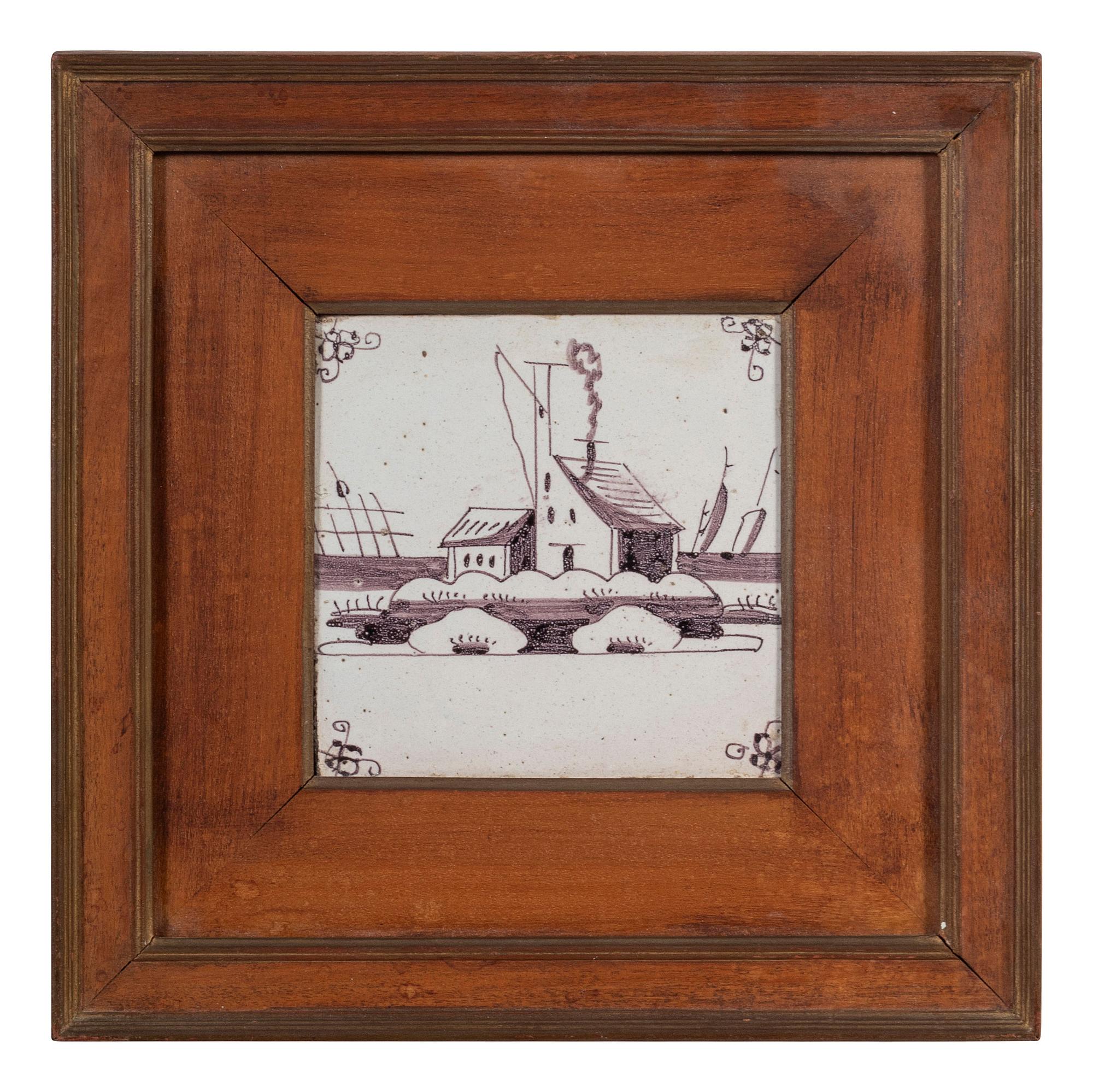 A Set of Five Framed Puce Delft Tiles