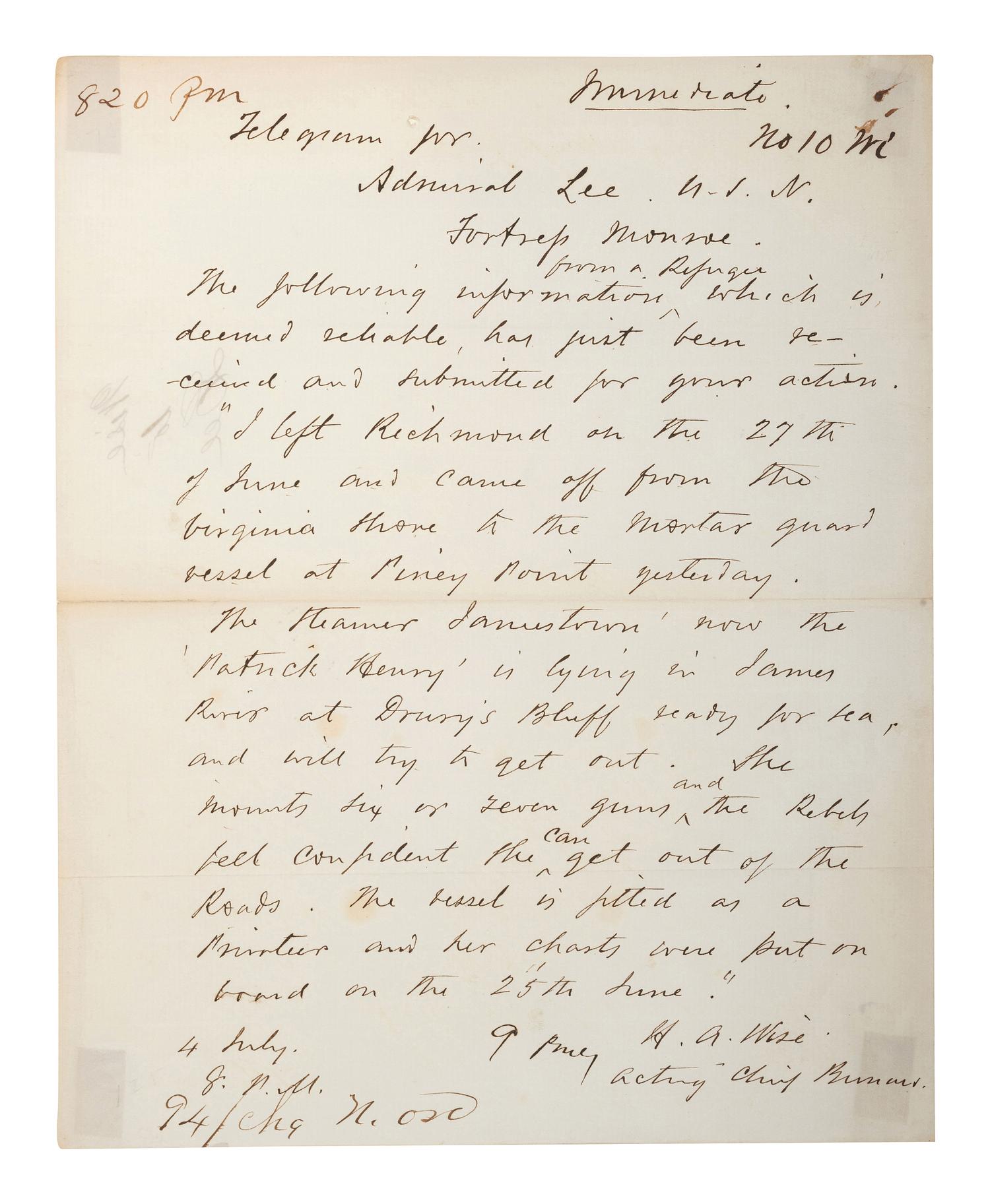 [CIVIL WAR - US NAVY]. LEE, Samuel Phillips (1812-1897). A group of 7 documents related to Rear Admiral Samuel P. Lee, incl. Vicksburg content and preparations for the Battle of Nashville.