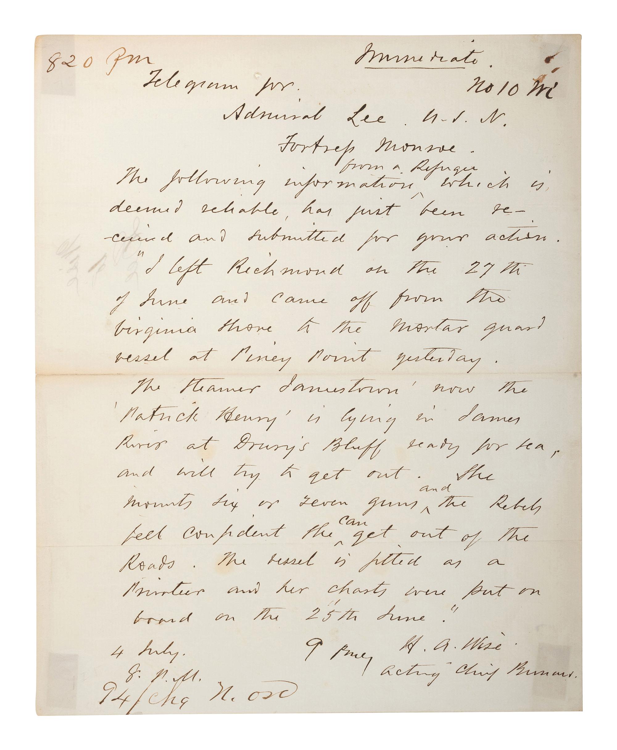 [CIVIL WAR - US NAVY]. LEE, Samuel Phillips (1812-1897). A group of 7 documents related to Rear Admiral Samuel P. Lee, incl. Vicksburg content and preparations for the Battle of Nashville.