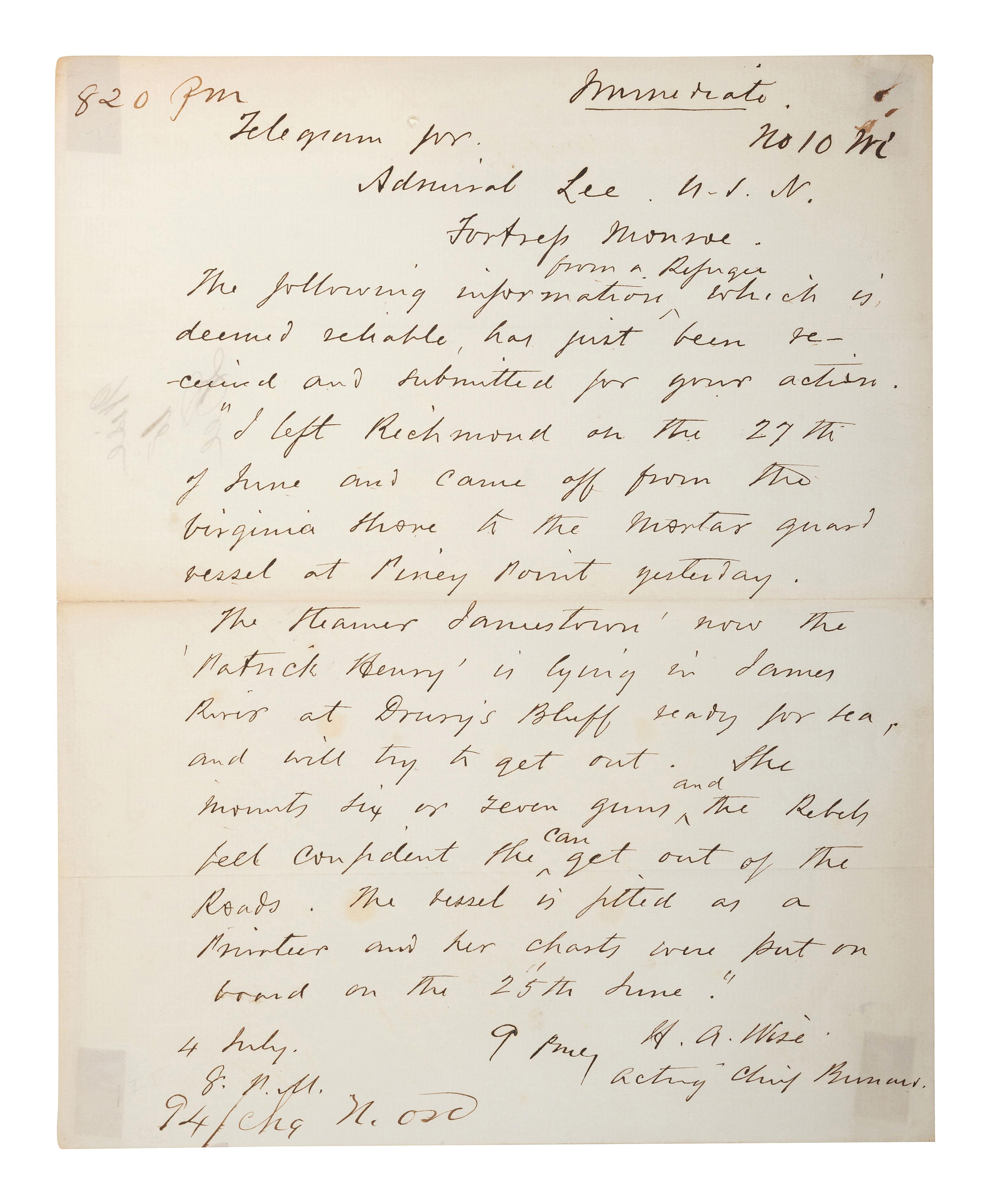 [CIVIL WAR - US NAVY]. LEE, Samuel Phillips (1812-1897). A group of 7 documents related to Rear Admiral Samuel P. Lee, incl. Vicksburg content and preparations for the Battle of Nashville.