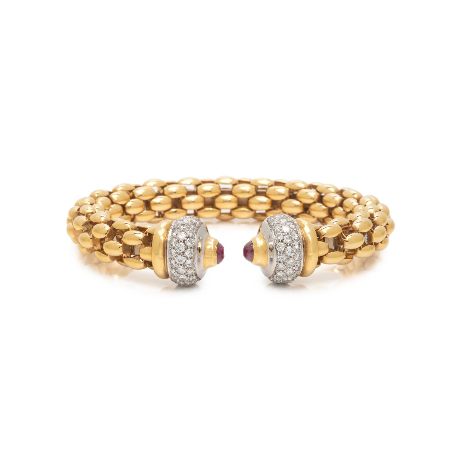 YELLOW GOLD, DIAMOND AND RUBY CUFF BRACELET