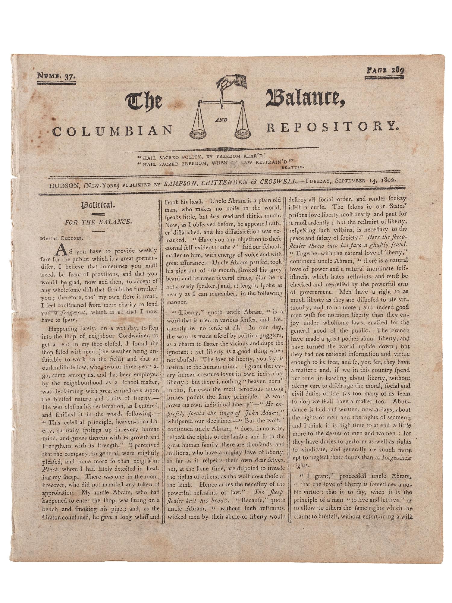 [SLAVERY & ABOLITION]. Advertisements for the return of freedom seekers published in 13 issues of The Balance, and Columbian Repository . Nos. 20-43. Hudson, NY: Sampson, Chittenden & Croswell. 18 May-26 October 1802.