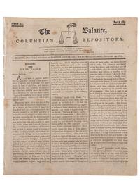 [SLAVERY & ABOLITION]. Advertisements for the return of freedom seekers published in 13 issues of The Balance, and Columbian Repository . Nos. 20-43. Hudson, NY: Sampson, Chittenden & Croswell. 18 May-26 October 1802.