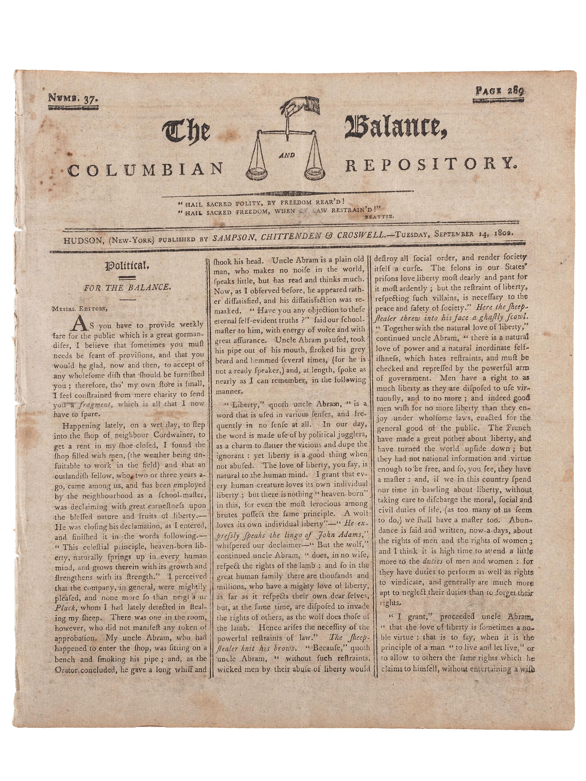 [SLAVERY & ABOLITION]. Advertisements for the return of freedom seekers published in 13 issues of The Balance, and Columbian Repository . Nos. 20-43. Hudson, NY: Sampson, Chittenden & Croswell. 18 May-26 October 1802.