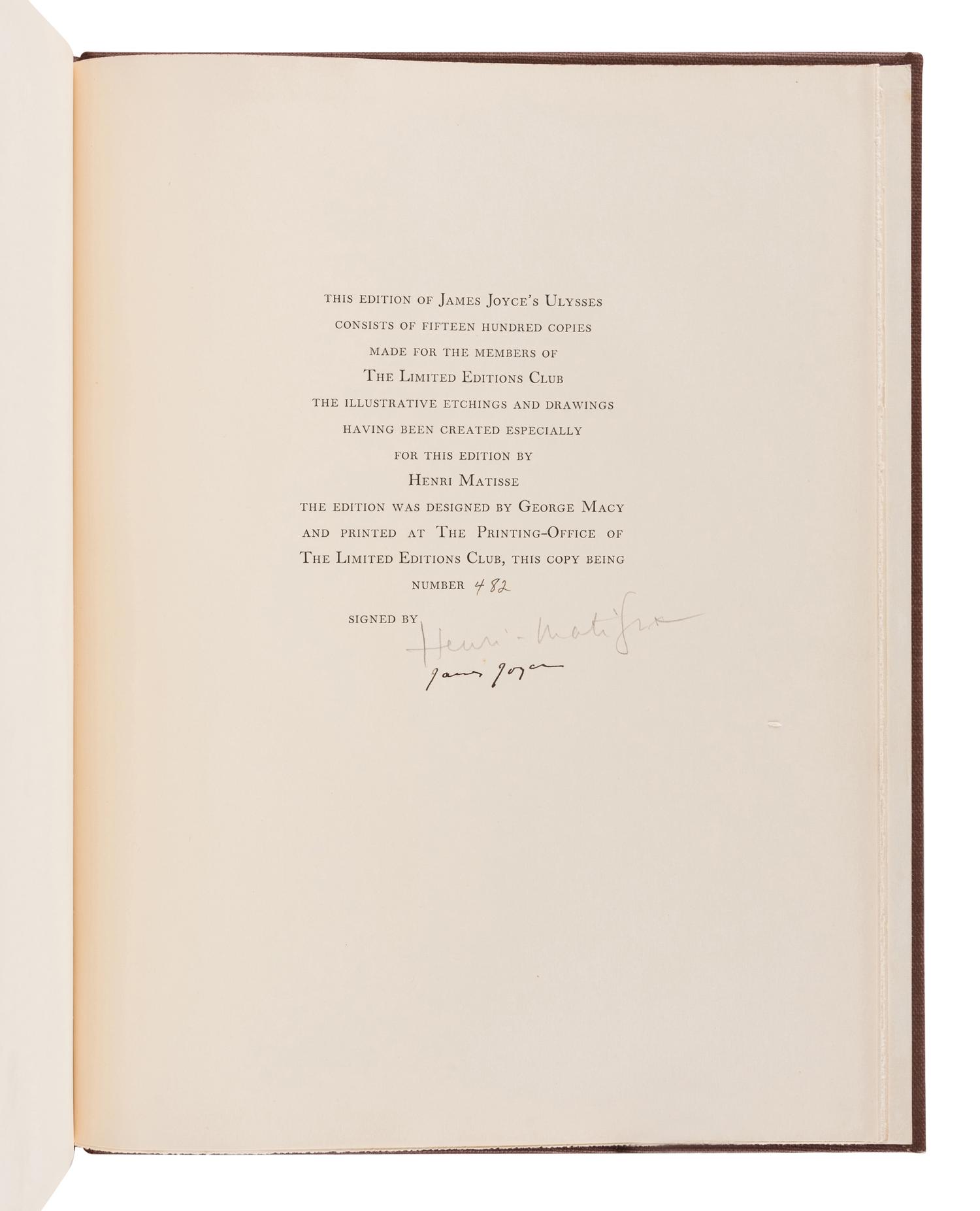[LIMITED EDITIONS CLUB] -- JOYCE, James (1882-1941). Henri Matisse, illustrator. Ulysses. With an introduction by Stuart Gilbert . New York: Limited Editions Club, 1935.