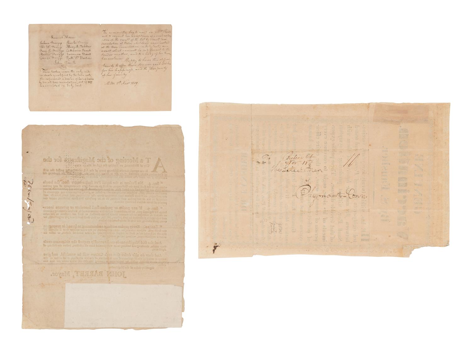 [VACCINATION]. Two early vaccination broadsides and a note from the "Chairman of the Committee for Vaccination" in Milton, Massachusetts, acknowledging participants in the town's 1809 vaccination campaign.