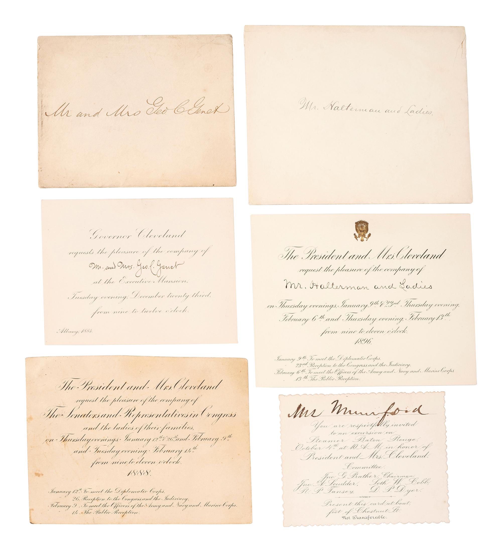 [CLEVELAND, Grover (1837-1908)]. A collection of invitations, calling cards, and ephemera related to the inauguration and presidency of Grover Cleveland, comprising: