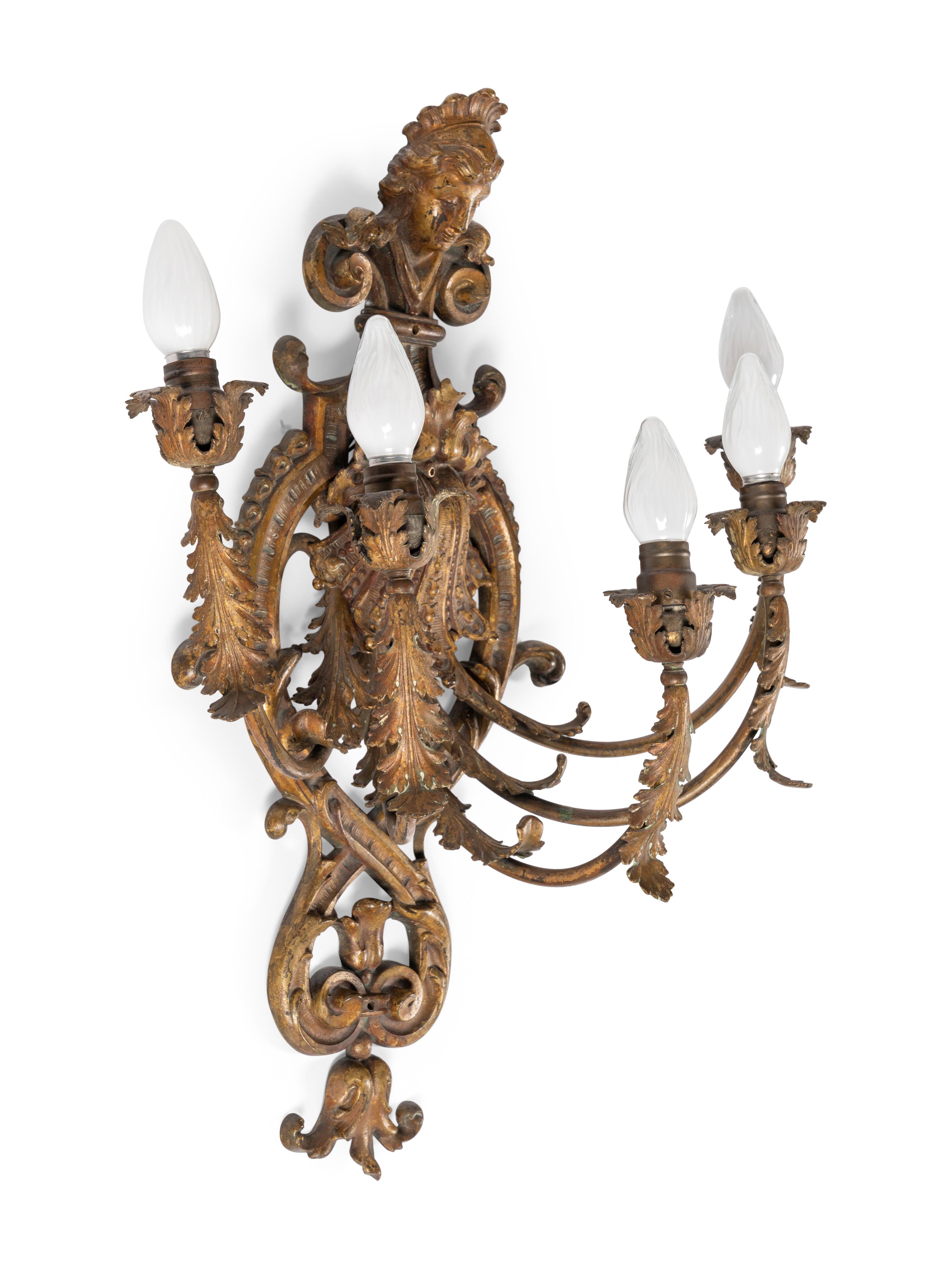 A Pair of Régence Style Gilt Metal Five-Light Sconces