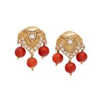 YELLOW GOLD, CORAL AND CUBIC ZIRCONIA EARCLIPS