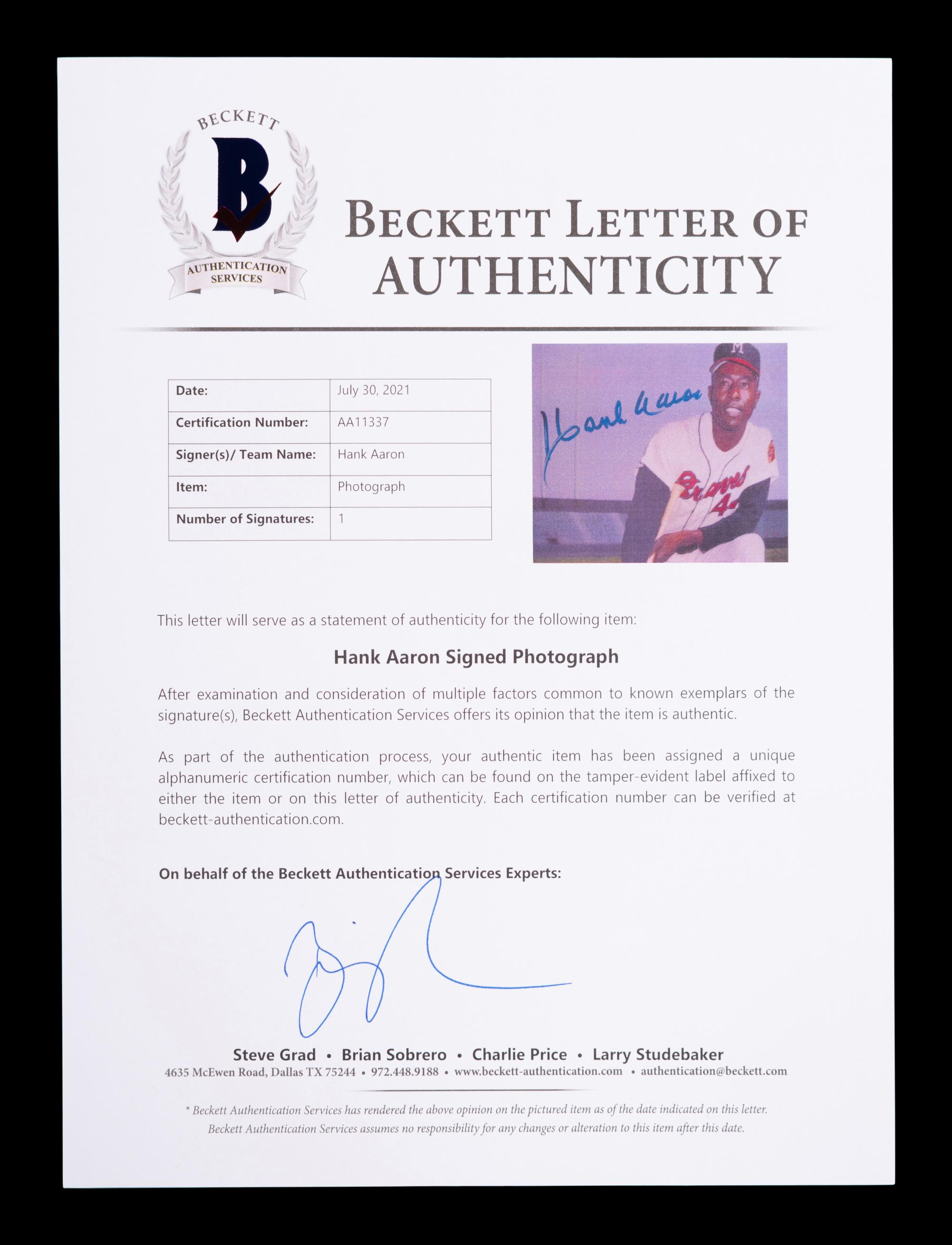 A Hank Aaron Milwaukee Braves Signed Autograph Photograph (BAS Beckett Authentication Services Certified),