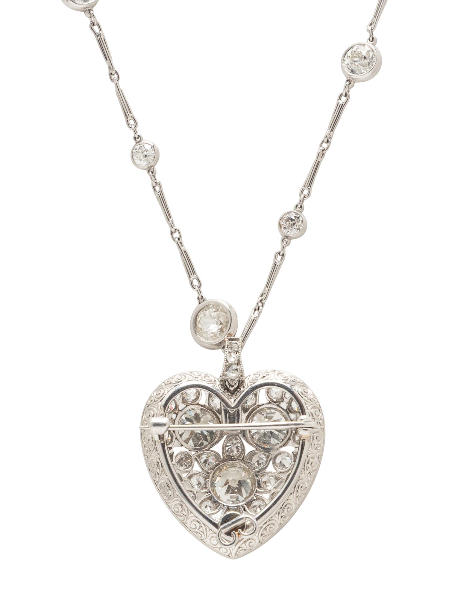 PLATINUM AND DIAMOND STATION CHAIN AND DIAMOND HEART PENDANT BROOCH