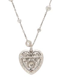 PLATINUM AND DIAMOND STATION CHAIN AND DIAMOND HEART PENDANT BROOCH