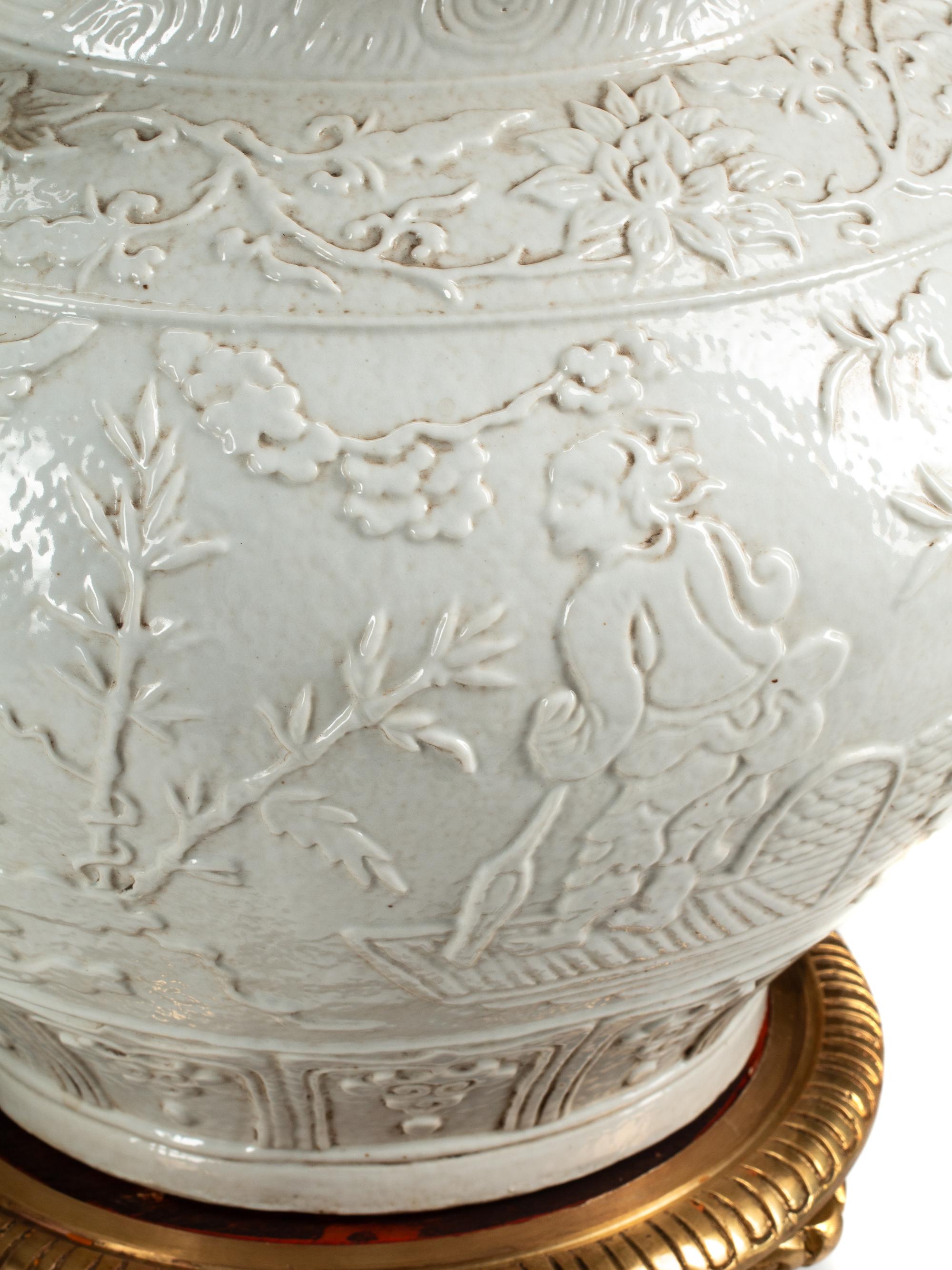 A Pair of Blanc de Chine Porcelain Jars on Gilt Bronze Stands