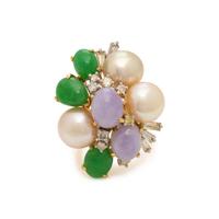 Cultured Pearl, Jade, and Diamond Ring