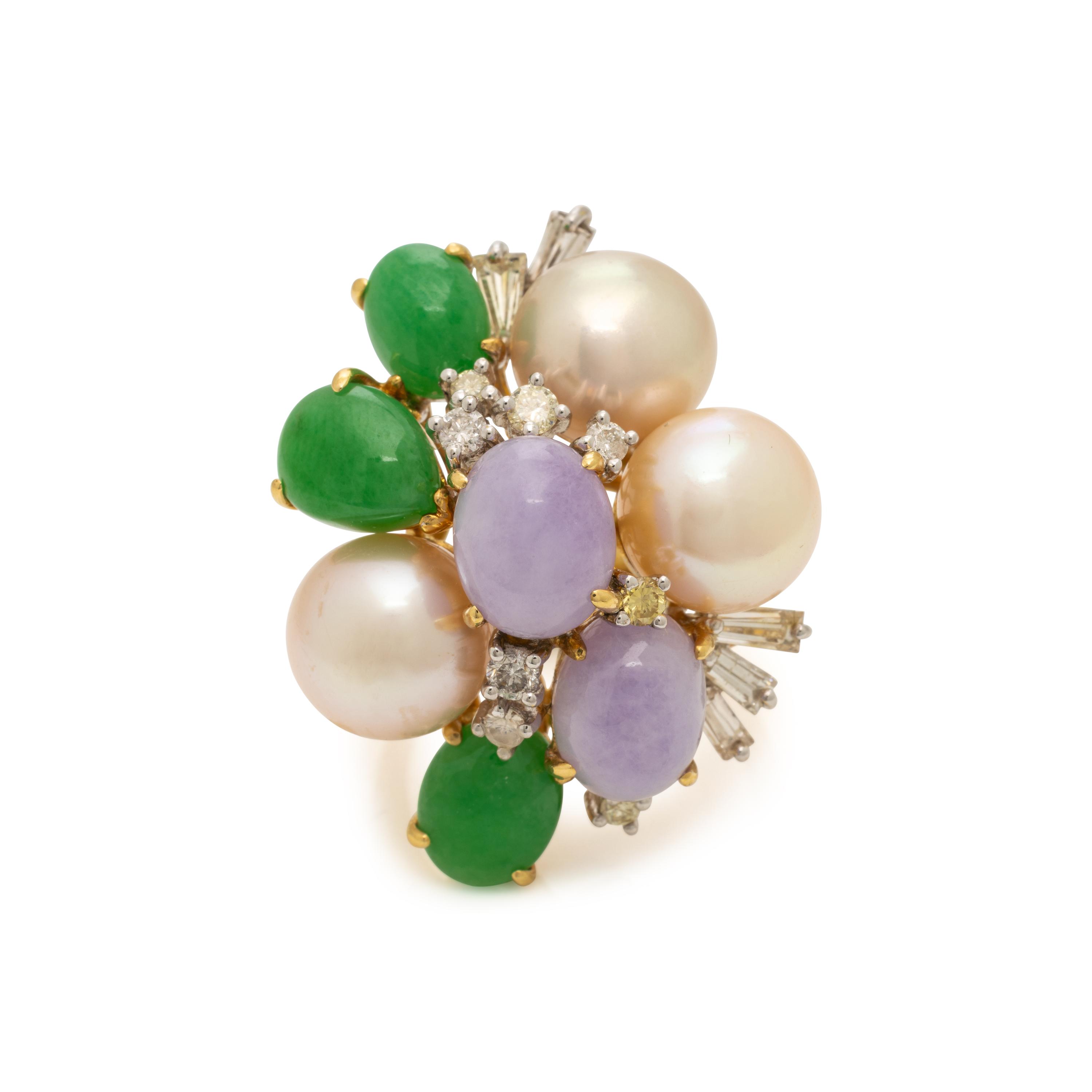 Cultured Pearl, Jade, and Diamond Ring