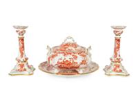 A Royal Crown Derby Red Aves Covered Tureen with Under Plate and a Pair of Candlesticks