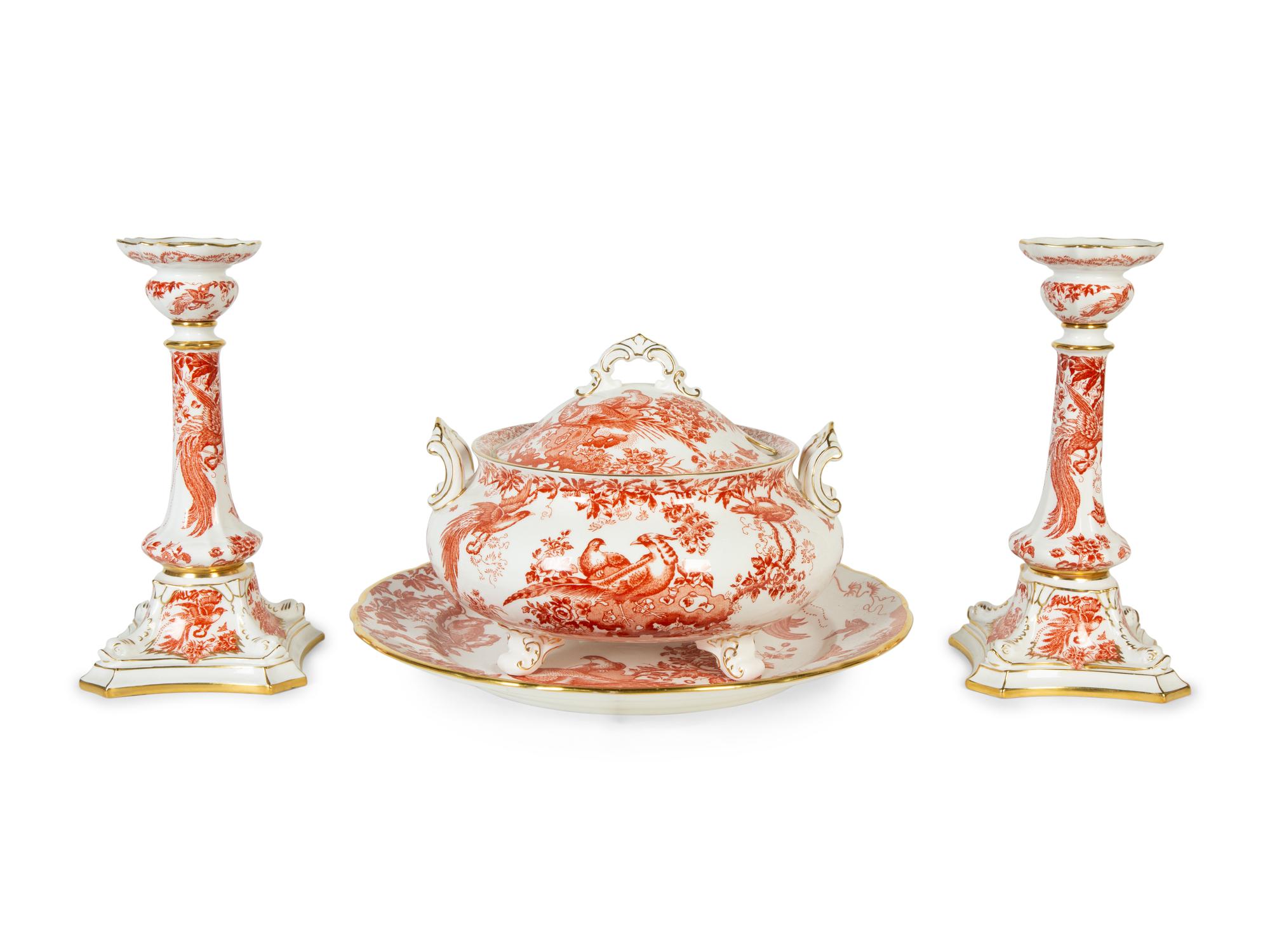 A Royal Crown Derby Red Aves Covered Tureen with Under Plate and a Pair of Candlesticks