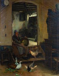 Interior with Elderly Woman Feeding Chickens and Ducks