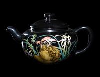 A Chinese Black Ground Famille Rose Porcelain Covered Teapot