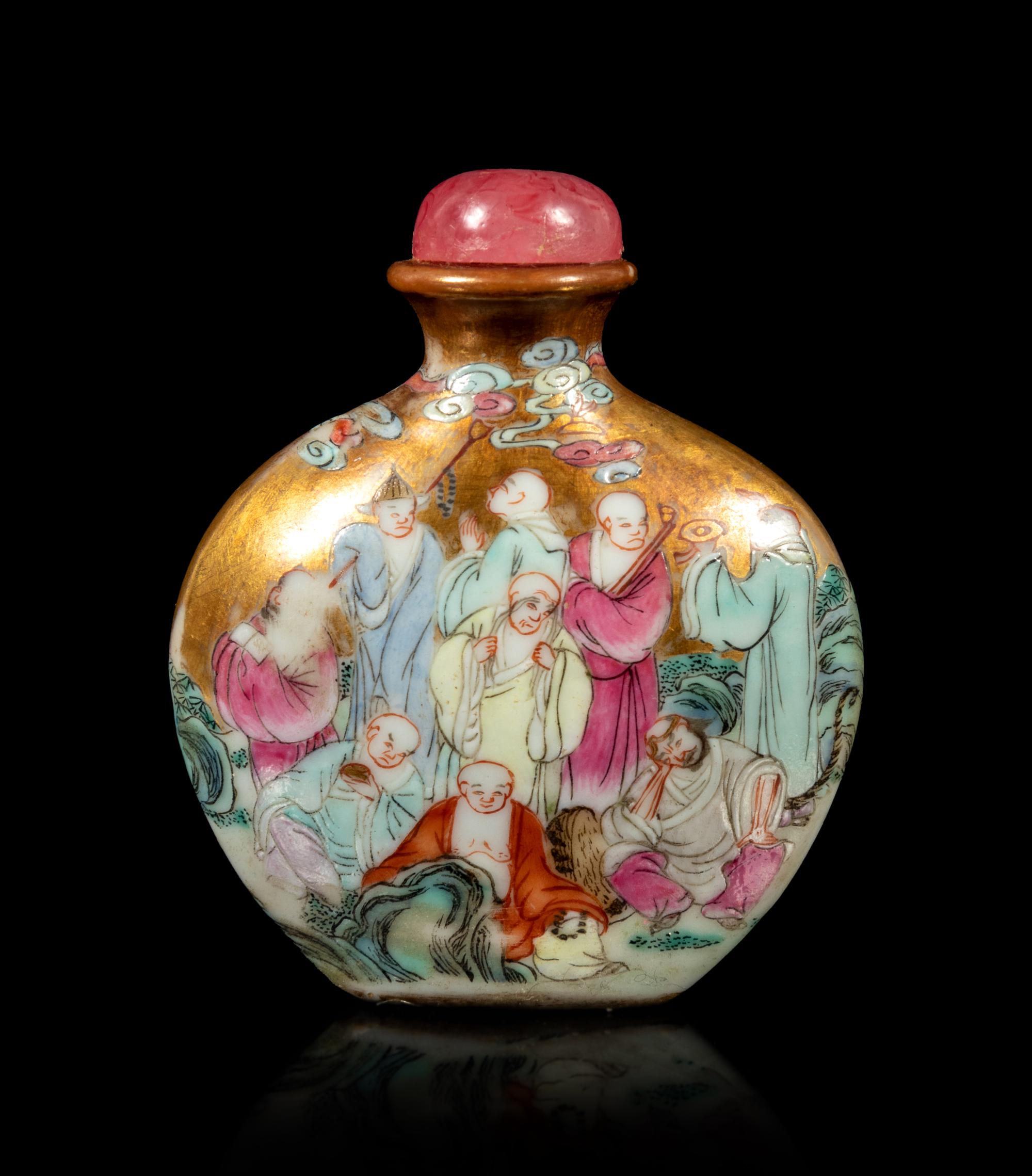 A Gilt Ground Famille Rose Porcelain 'Luohan' Snuff Bottle