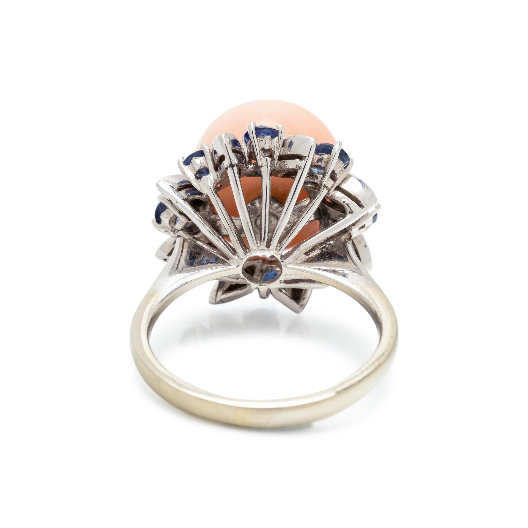 ANGEL SKIN CORAL, SAPPHIRE AND DIAMOND RING