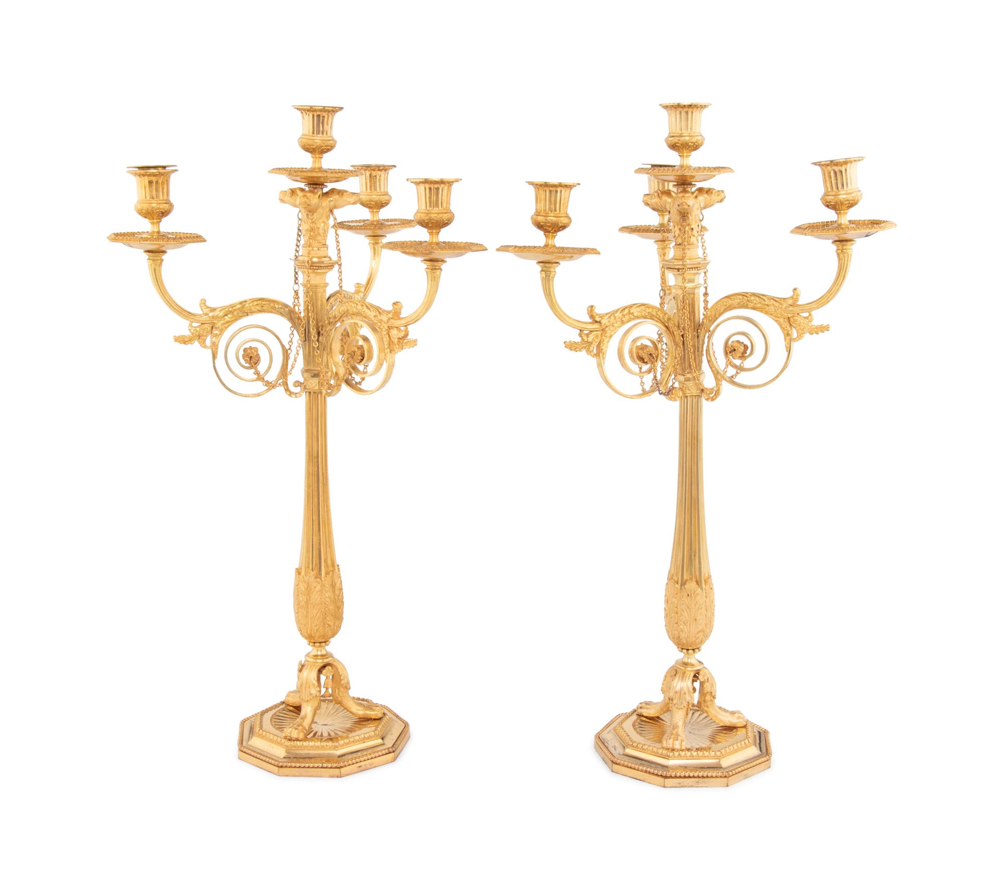 A Pair of George III Gilt Bronze Four-Light Candelabra