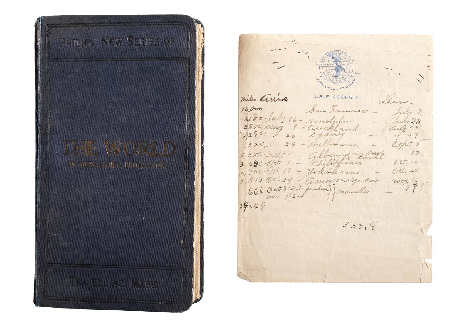 [US NAVY]. Diary kept by Lawrence R. Thompson (1883-1973) while serving on board the USS Georgia and navigating the globe as part of the the Great White Fleet, with document box, naval ephemera, and framed banners.