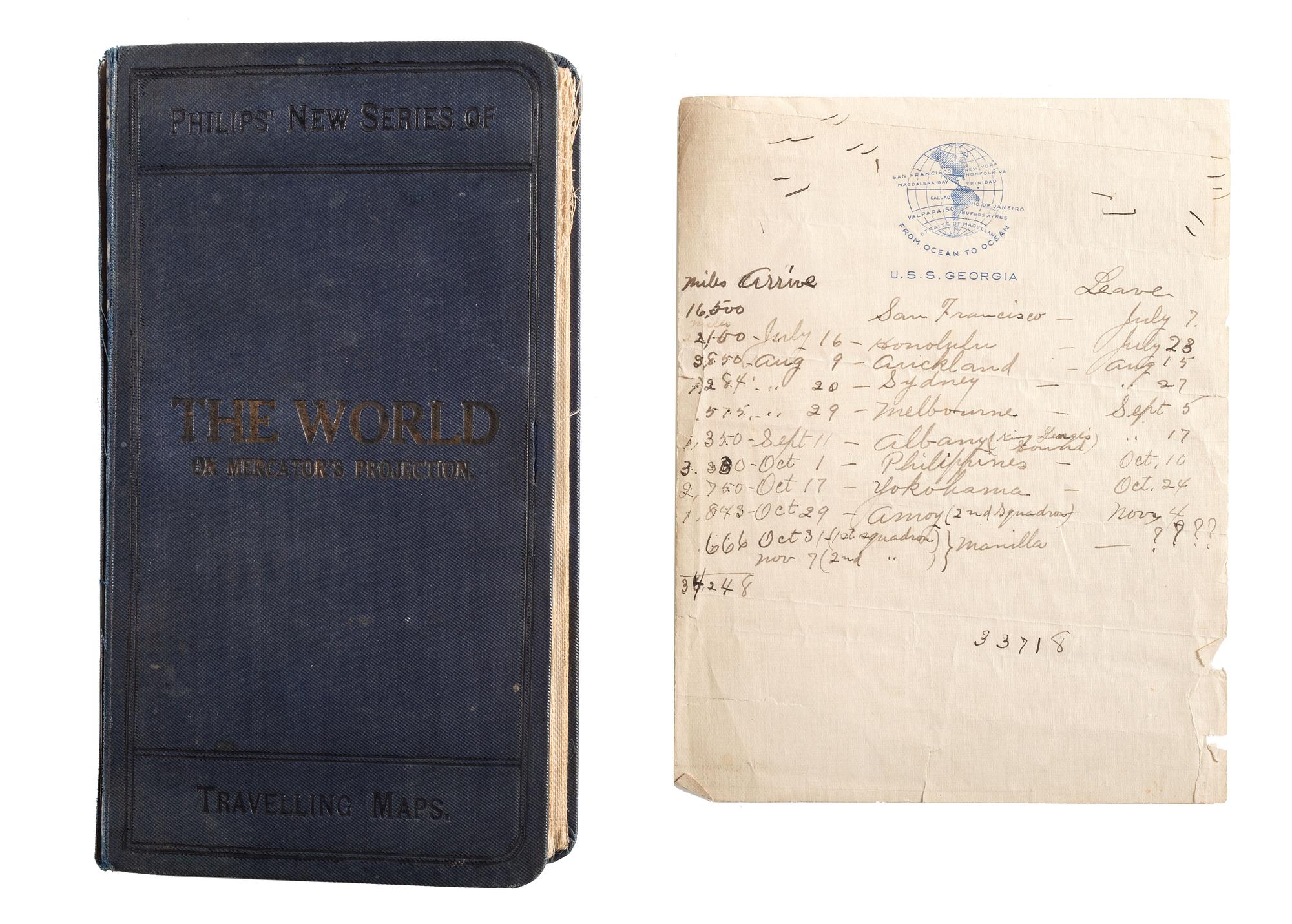 [US NAVY]. Diary kept by Lawrence R. Thompson (1883-1973) while serving on board the USS Georgia and navigating the globe as part of the the Great White Fleet, with document box, naval ephemera, and framed banners.