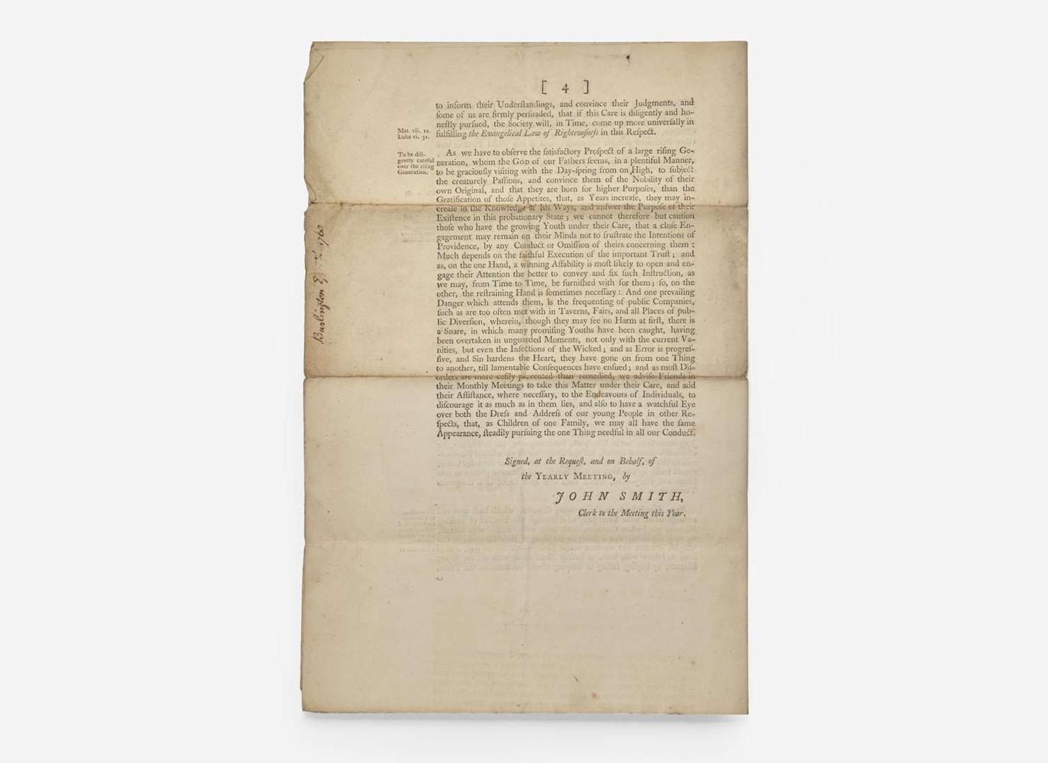 [Americana] [Franklin, Benjamin] Smith, John: The Epistle From Our Yearly-Meeting, for New-Jersey, and Pennsylvania...from the 27th of the Ninth Month, to the 2d of the Tenth Month, inclusive, 1760...
