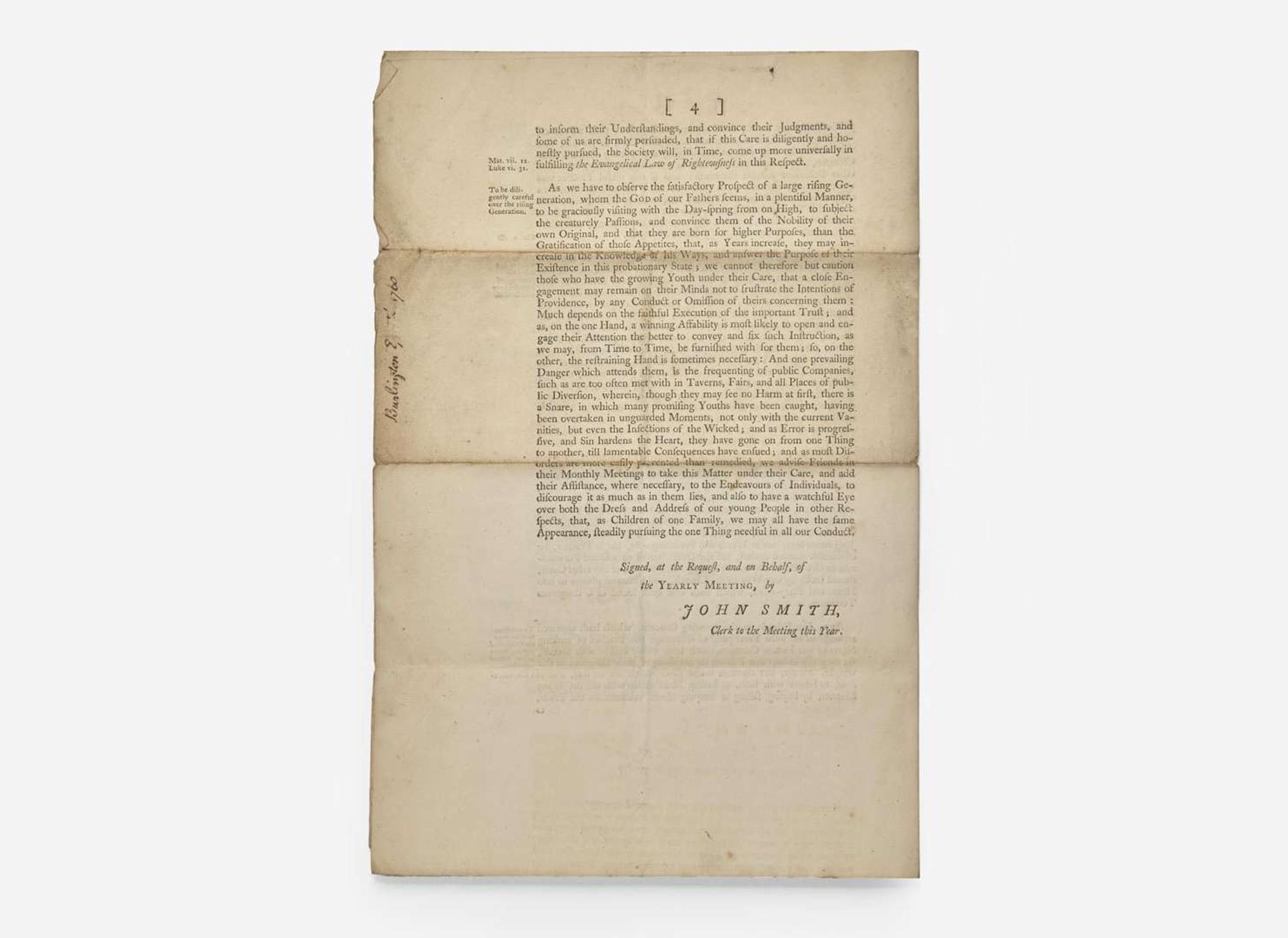 [Americana] [Franklin, Benjamin] Smith, John: The Epistle From Our Yearly-Meeting, for New-Jersey, and Pennsylvania...from the 27th of the Ninth Month, to the 2d of the Tenth Month, inclusive, 1760...